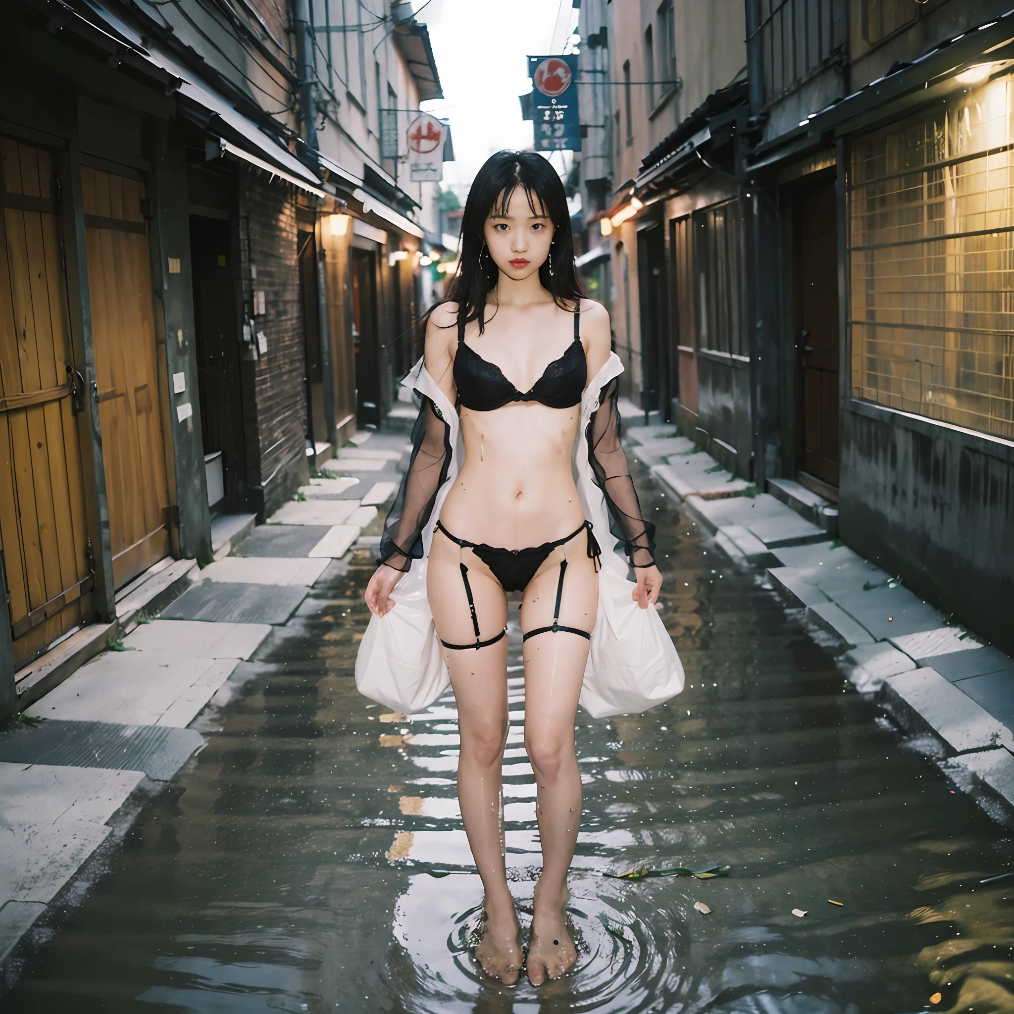 90s flash photo，1girll, Solo,At night,a woman standing in a dim alley flirting，(full bodyesbian:1.5),Wet,Transparent,(sensual lingerie),Bare feet,(tit:1.5),with a bright night scene in the distanceThe best quality，((Wet ground)),(((The ground is littered with garbage))),((tenten)),sin front of camera, tmasterpiece，RAW photogr，Film photos，