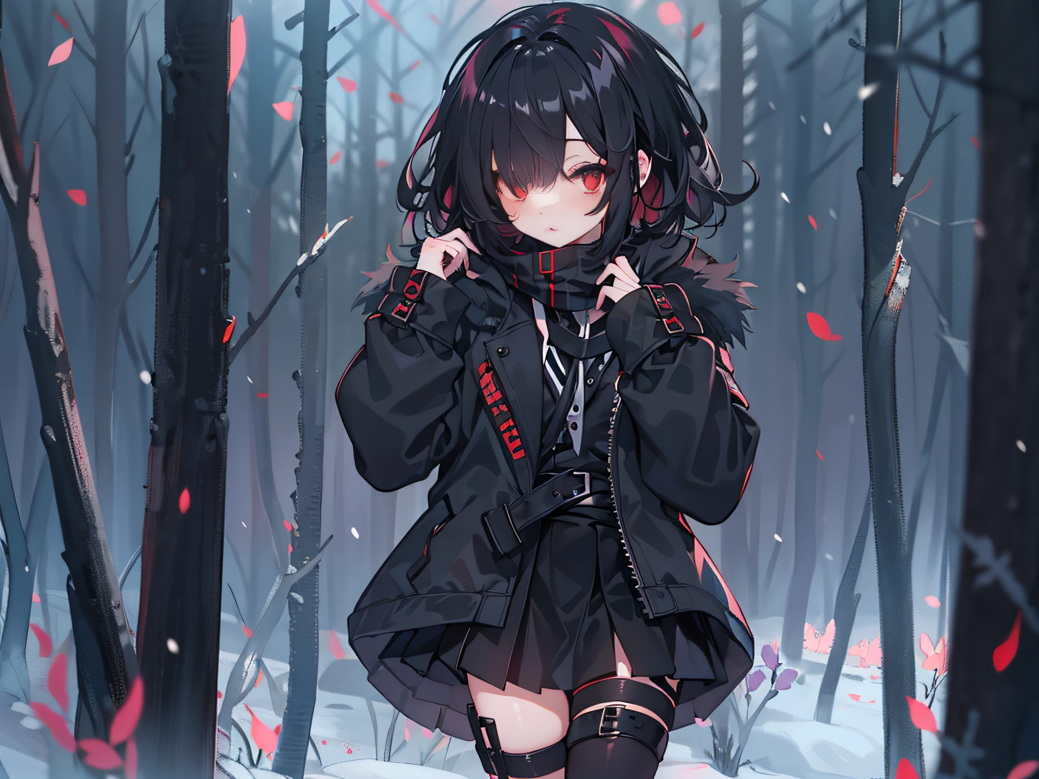 red color eyes, Black color hair, Black platform boots, short detailed hair, black thigh socks, hair on one eye, black black jacket, Black thigh strap, black sash,nigth,black short skirt,ln the forest,at winter season,bit girl