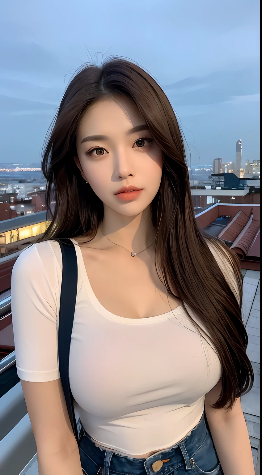 ((Midnight, Best quality, 8k, Masterpiece :1.3)), Whole body, Long legs, Sharp focus :1.2, A pretty woman with perfect figure :1.4, Slender abs :1.1, ((Dark brown hair, Big breasts :1.2)), (White tight tshirt, Jean bib, Standing:1.2), ((Night city view, Rooftop:1.3)), Highly detailed face and skin texture, Detailed eyes, Double eyelid