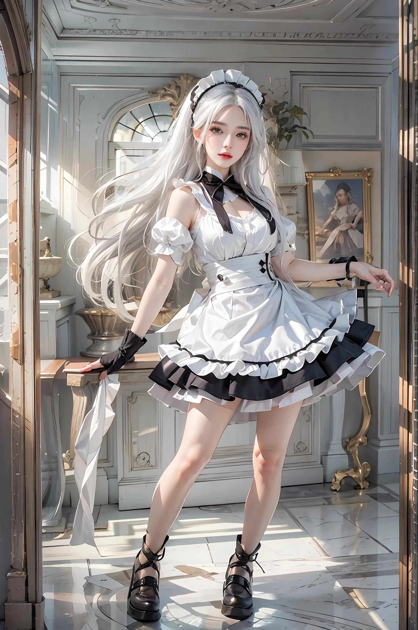 photorealistic, high resolution, 1women, solo, hips up, look at viewer, (detailed face), white hair, long hair, maid costume