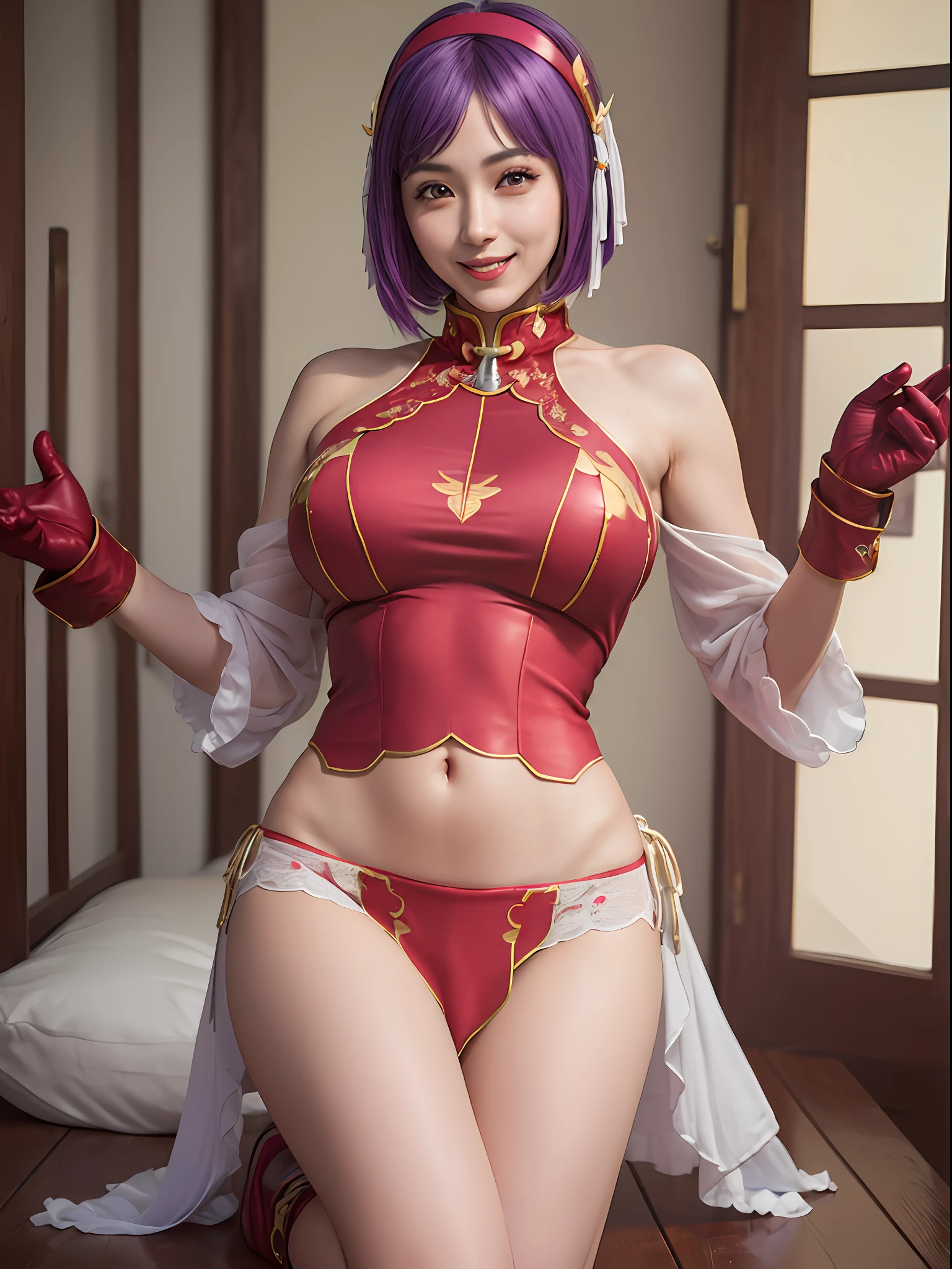 (masterpiece, best quality:1.4), (full body), (wide shot), 1girl, solo, purple hair, stunning girlfriend, (liying on her back:1.1), 1girl, solo, athenams, hairband, chinese clothes, red dress, gloves, hair ornament , bare shoulders, wide open legs, spread legs, underwear, heart shaped face, elegant face, beautiful face, highly detailed face, detailed eyes, highly detailed skin, skin pores, subsurface scattering, realistic pupils, medium breast, desire smile, erotic smile, detailed background, depth of field, volumetric lighting, sharp focus, absurdres, realistic proportions, good anatomy, (realistic, hyperrealistic:1.4), 16k hdr,