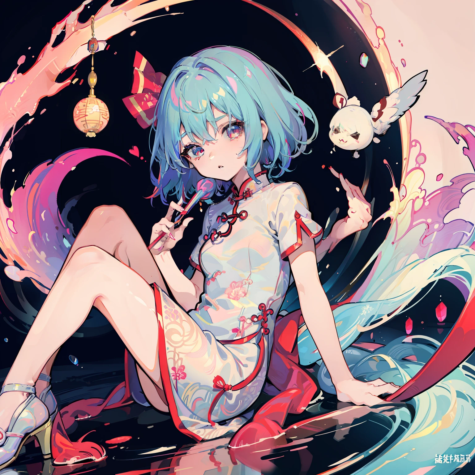 Young woman cheongsam illustration, masutepiece, Fine details, 4K, 8K, 12K, Solo, 1 person, Beautiful Girl, caucasian female, 7 years old、Lemilia Scarlet 、Light blue hair, short-hair、 red Cheongsam、Slit in clothes