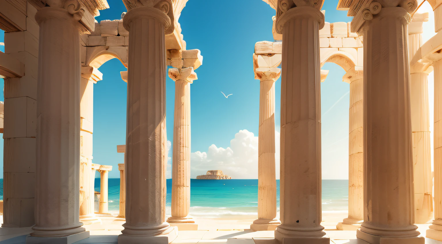 Doorway to the beach with pillars and sea view, Vast sky and sea, Very dazzling sunlight，greek-esque columns and ruins, arches adorned pillars, archs and columns, marble columns in background, pillars and arches, egyptian environment, Roman columns, greek setting, Greek temple, adorned pillars, ancient greek temple ruins, ancient greek temple, Greek temple background, greek architecture