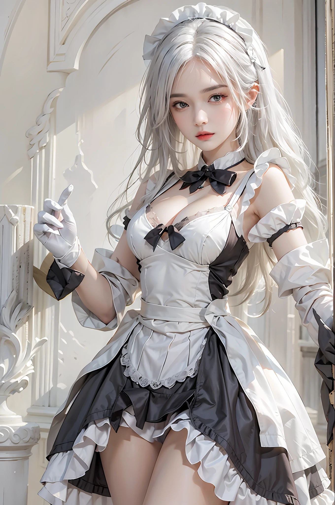 photorealistic, high resolution, 1women, solo, hips up, look at viewer, (detailed face), white hair, long hair, maid costume