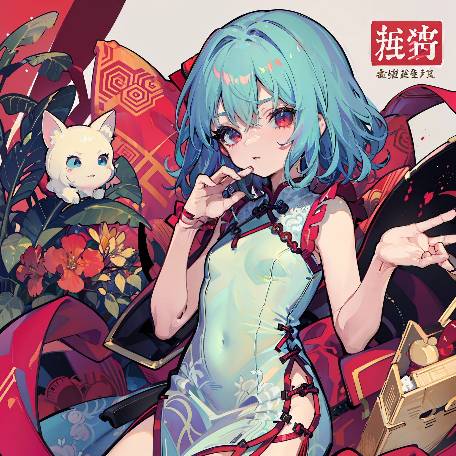 Young woman cheongsam illustration, masutepiece, Fine details, 4K, 8K, 12K, Solo, 1 person, Beautiful Girl, caucasian female, 7 、Lemilia Scarlet 、Light blue hair, short-hair、 red Cheongsam、Slit in clothes