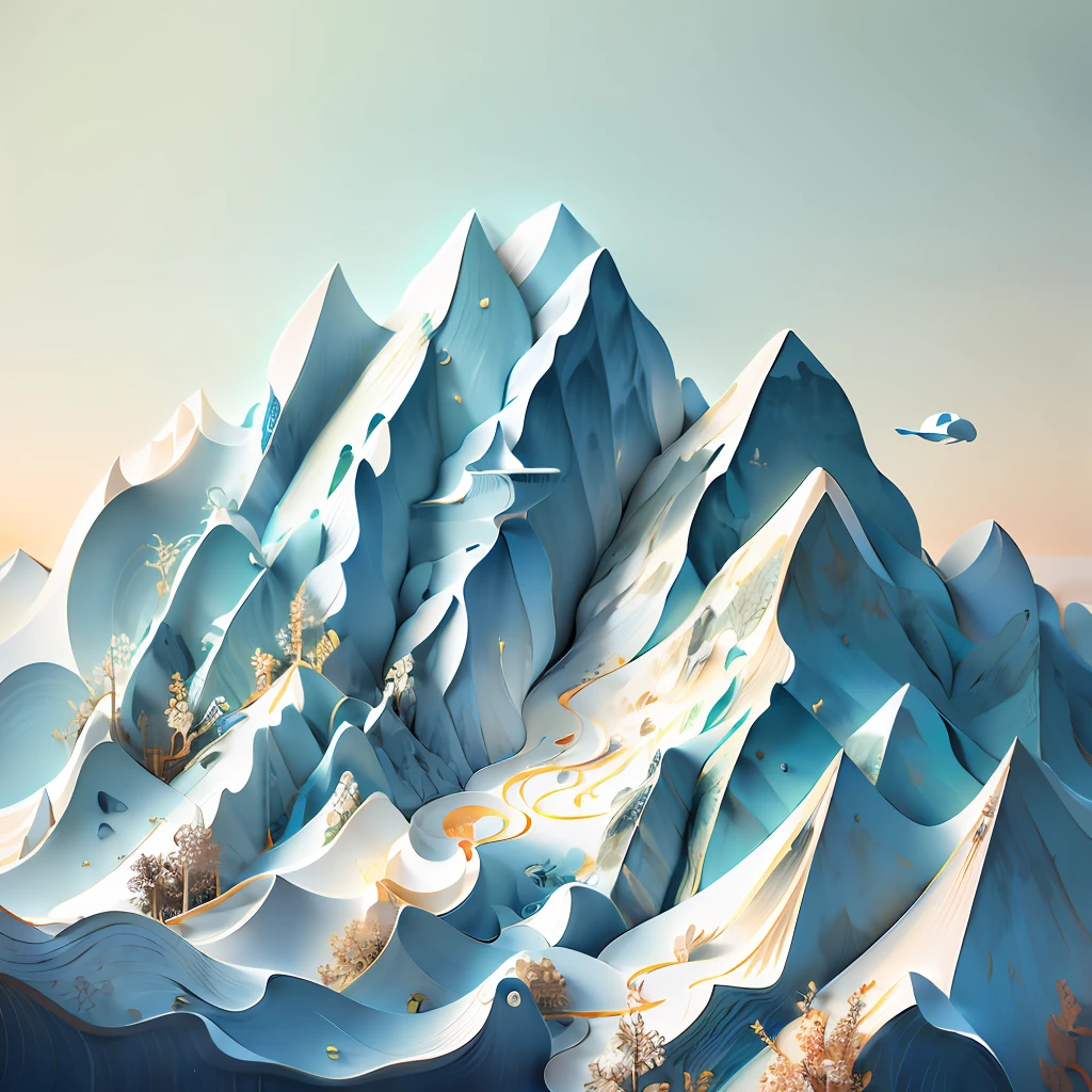 Chinese traditional landscape painting，Paper creation，3D立体渲染，The color gradient varies from white to light blue，Simple and natural composition，:White background,Fresh and unearthly style。(:Nature:)
