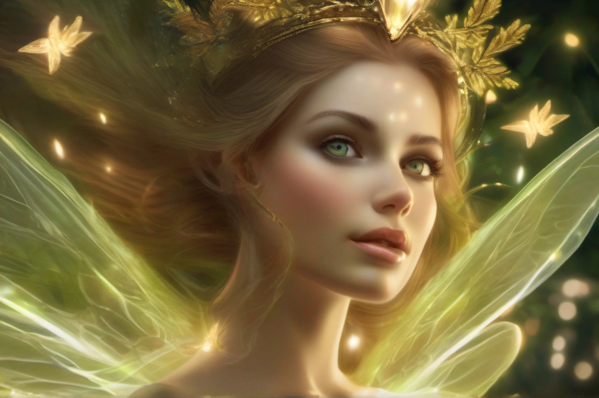 "{ ((Goddess of Tinker Bell)) The Goddess of Tinker Bell is depicted as a powerful and ethereal being with glowing wings, dressed in elegant, flowing attire that reflects the essence of nature. The image should be a digital illustration in a surrealism art style, taking inspiration from renowned fantasy artists like Brian Froud and Alan Lee. The environment should be in a magical outdoor setting with lush greenery and twinkling fairy lights. For lighting, use soft and warm ambient light to enhance the enchanting atmosphere. The camera shot should be a medium shot from a low angle, capturing the Goddess's majestic presence. The resolution should be 8K, with highly detailed render to bring out the intricate beauty of the character and her surroundings. }}"
