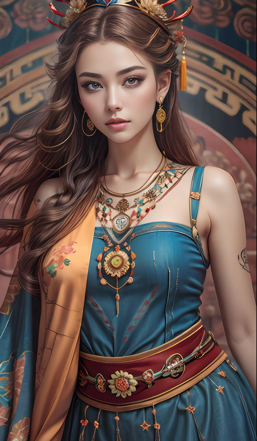 Best quality, masterpiece, ultra-detailed high resolution, (realistic: 1.4), original photos, illustrations, (Solo Exhibition: 1.2), (Denim Lens: 1.2), (Hair Crown: 1.2), Chinese Dunhuang Traditional Costume, No Straps, (Red Eyeliner: 1.2), Earrings, Dynamic Angle, Opera House, messy_long_hair, Ink, Movie Lights, lens_flare, Velvet, Chrysanthemum, Tassels, Ribbons, Color Embroidery, loose hans, full body, wide shot