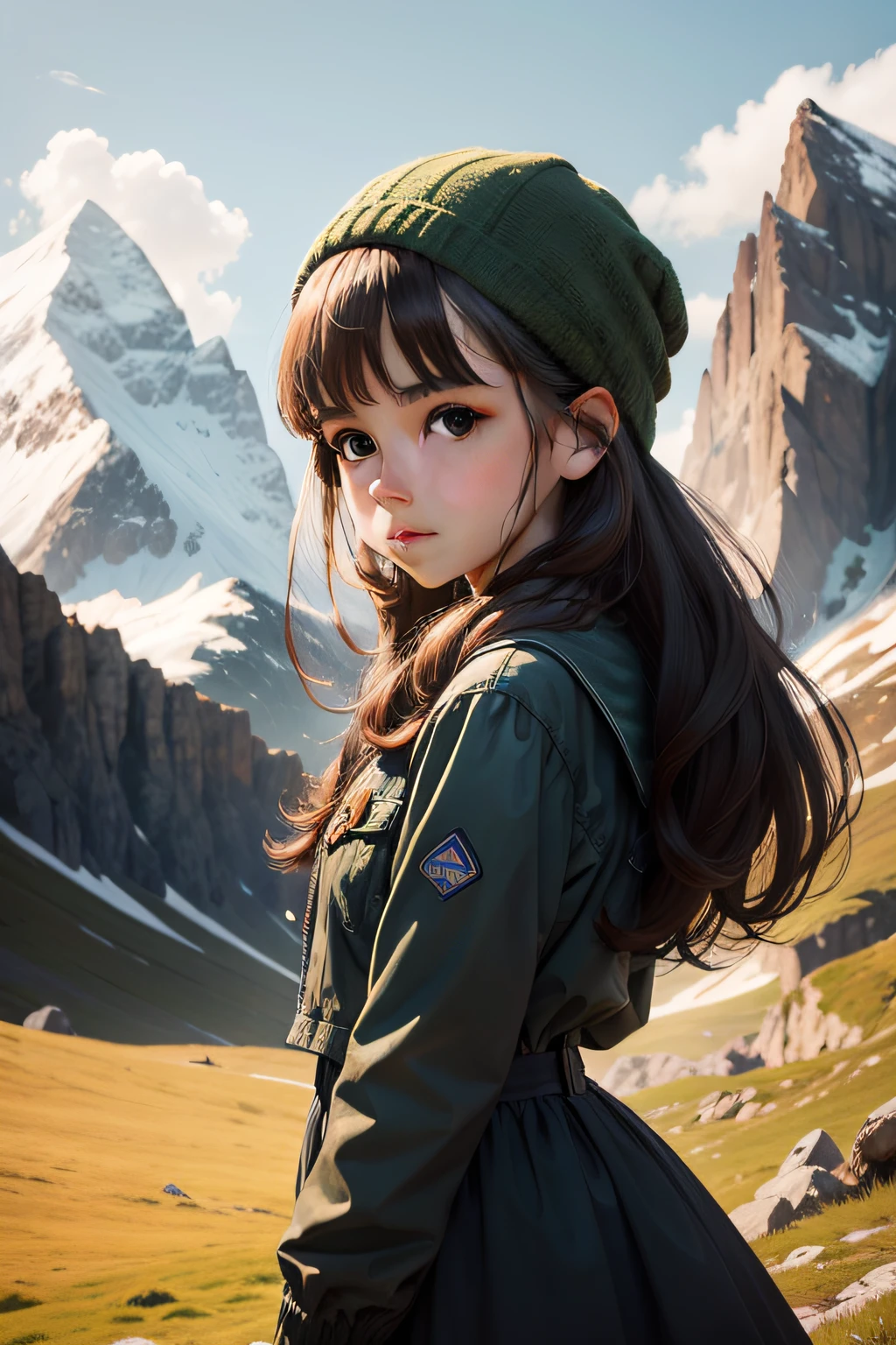 "Sweet girl against the background of an Alpine landscape"