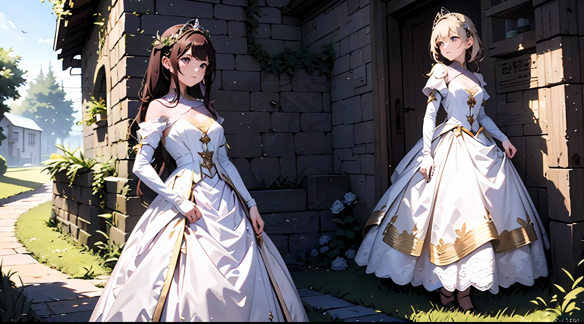 (Masterpiece), Best quality, (CharacterDesignSheet,Same role,frontage,Lateral face,on back), wears a white dress,Purple lace,(White lace gloves,Purple lace),There are flowers on it, concept-art,Lace gloves,Off-the-shoulder attire