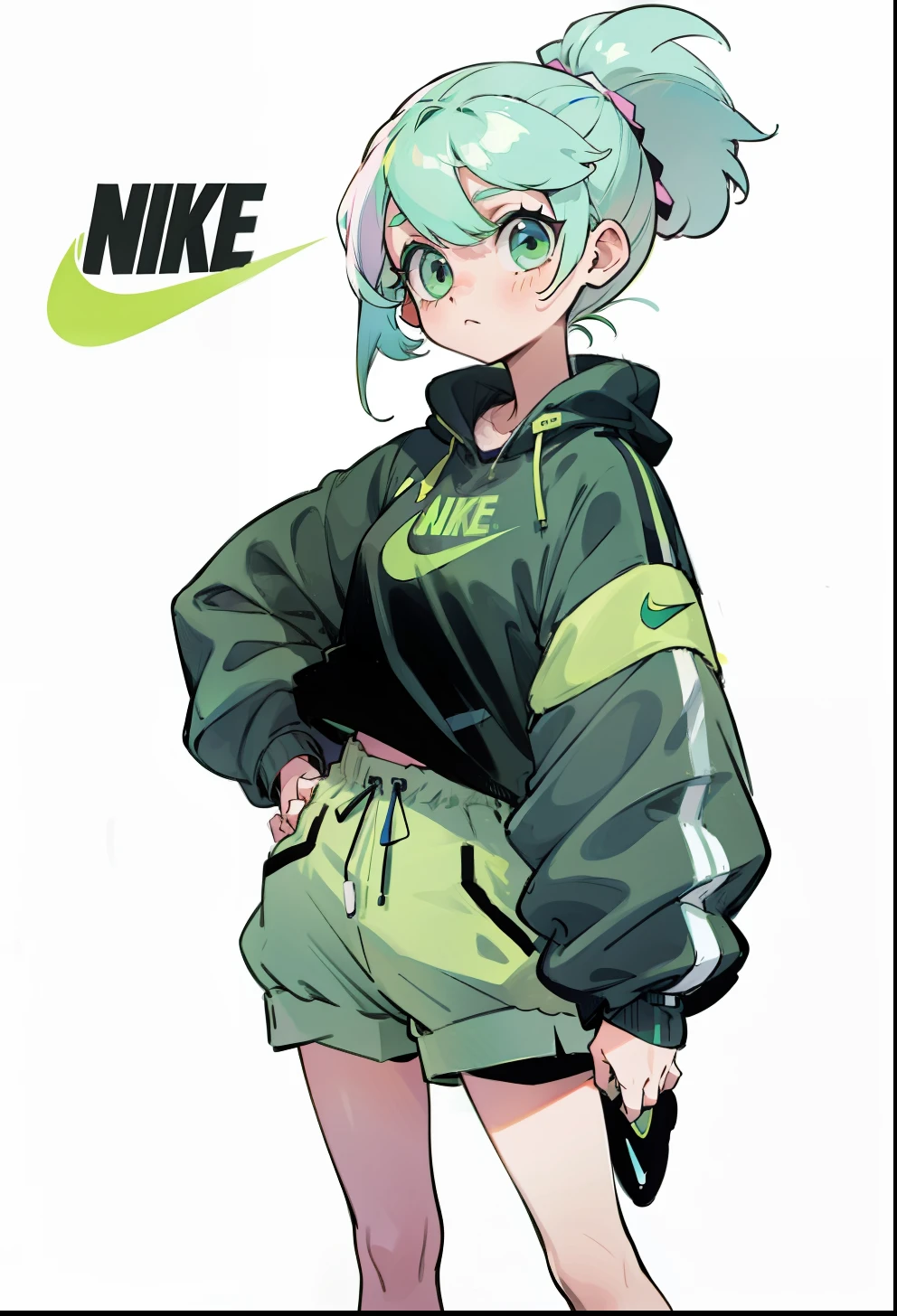 Pastel green hair, 1Girl, Nike Apparel,