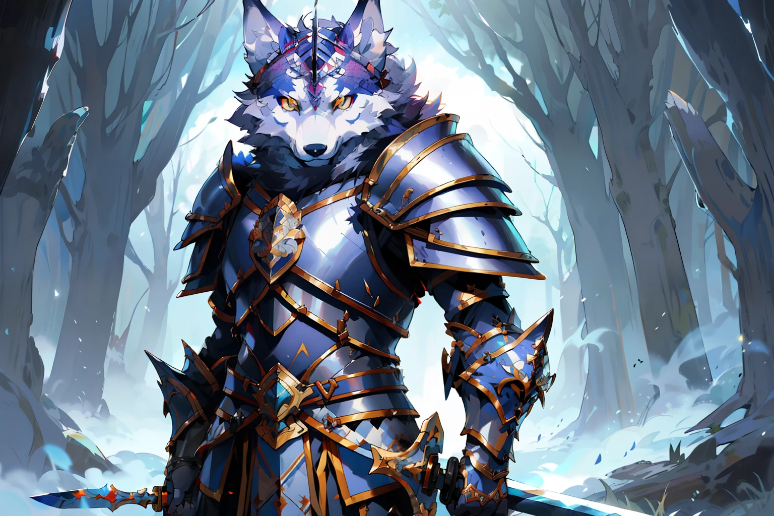 there is a wolf in armor holding a sword in a cave, wolf armor, husky in shiny armor, wearing intricate fur armor, wearing fur armor, fur armor, fantasy paladin, an anthropomorphic wolf, fantasy wolf portrait, anthropomorphic wolf, armored warrior, anthropomorphic wolf male, great wolf, warwick saint, fantasy card game art