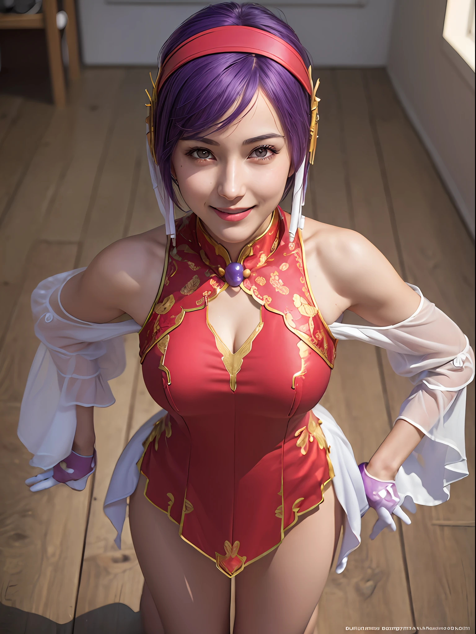 (masterpiece, best quality:1.4), (full body), (from above), 1girl, solo, purple hair, stunning girlfriend, (walk on all four:1.1), 1girl, solo, athenams, hairband, chinese clothes, red dress, gloves, hair ornament , bare shoulders, wide open legs, spread legs, underwear, heart shaped face, elegant face, beautiful face, highly detailed face, detailed eyes, highly detailed skin, skin pores, subsurface scattering, realistic pupils, medium breast, desire smile, erotic smile, detailed background, depth of field, volumetric lighting, sharp focus, absurdres, realistic proportions, good anatomy, (realistic, hyperrealistic:1.4), 16k hdr,