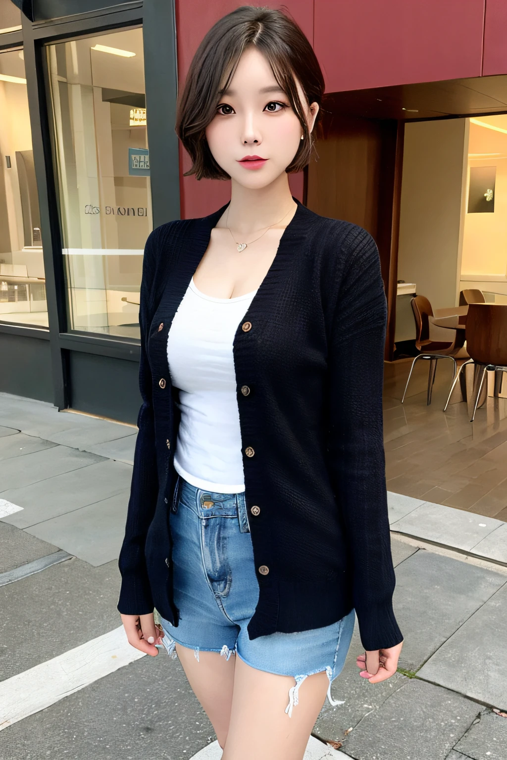 （（top-quality，8K，tmasterpiece：1.3）），Details female：1.3，（Medium Shorthair，：1.2），Cardigan：1.1，ultra - detailed，the detail，Eyelids，the street