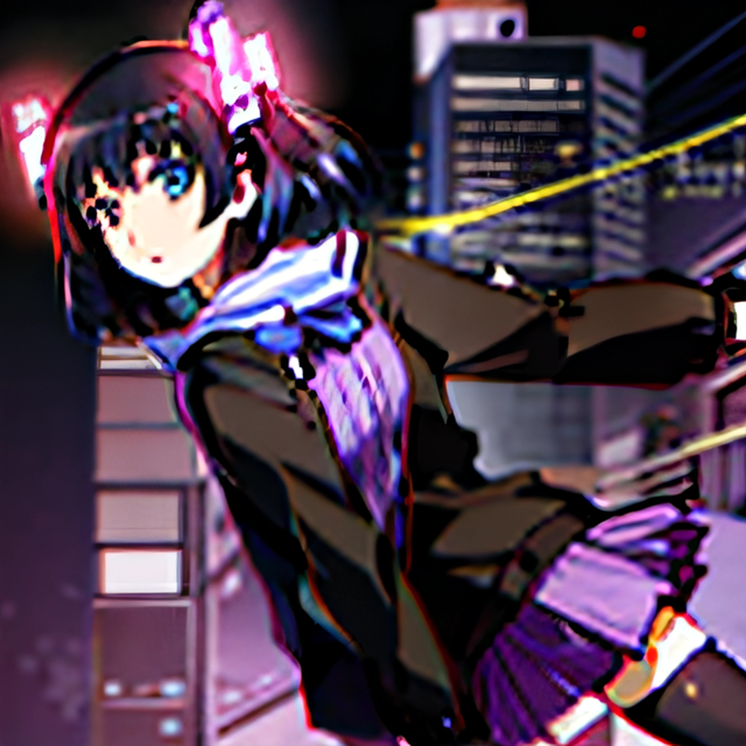 anime girl in a skirt and a black jacket with a purple and blue striped scarf, anime moe artstyle, iwakura lain, rin, lain iwakura, anime styled 3d, [ digital art ]!!, inspired by Un'ichi Hiratsuka, chiaki nanami from danganronpa, lain, tsuaii, nagatoro