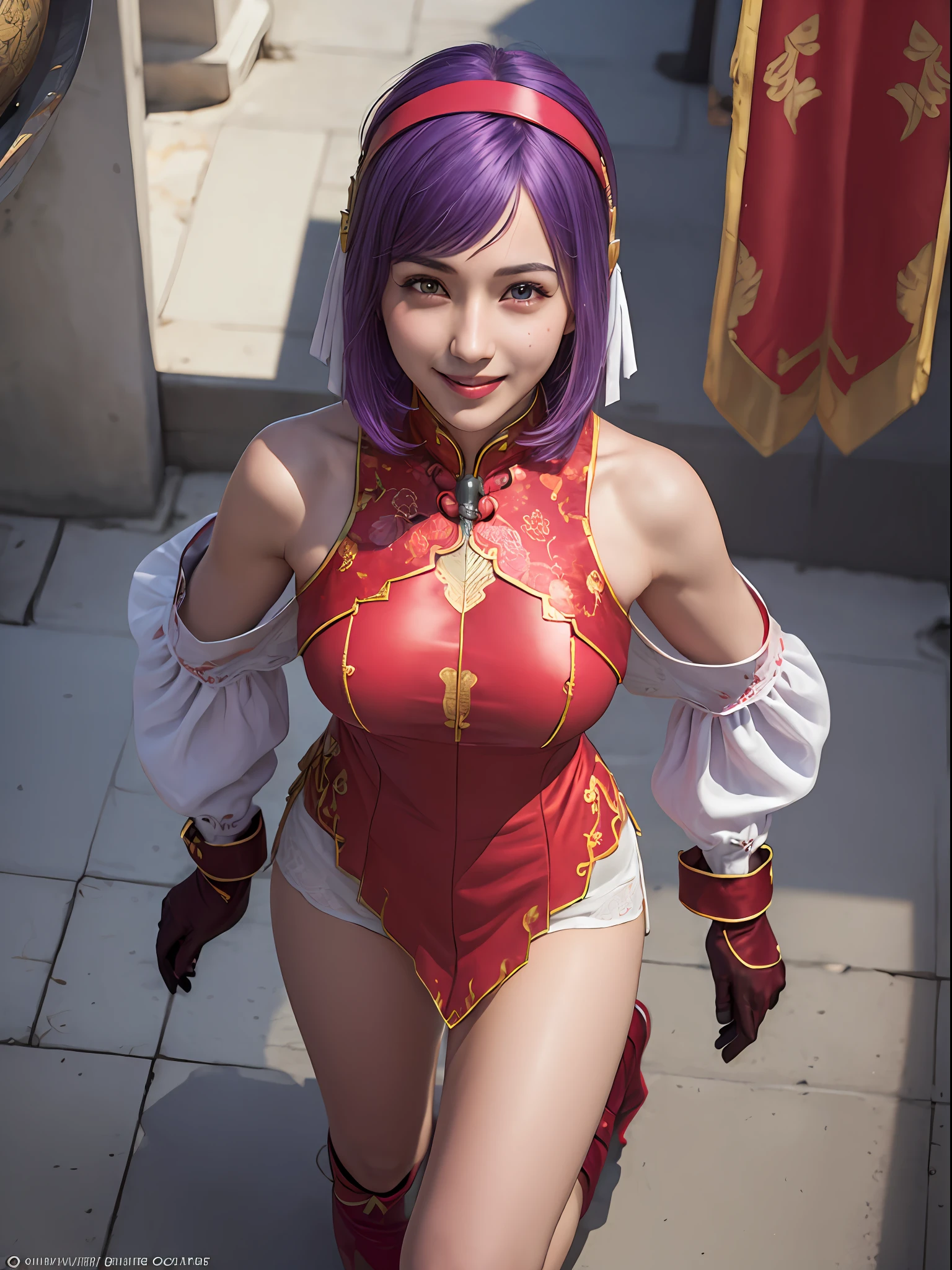 (masterpiece, best quality:1.4), (full body), (from above), 1girl, solo, purple hair, stunning girlfriend, (walk on all four:1.1), 1girl, solo, athenams, hairband, chinese clothes, red dress, gloves, hair ornament , bare shoulders, wide open legs, spread legs, underwear, heart shaped face, elegant face, beautiful face, highly detailed face, detailed eyes, highly detailed skin, skin pores, subsurface scattering, realistic pupils, medium breast, desire smile, erotic smile, detailed background, depth of field, volumetric lighting, sharp focus, absurdres, realistic proportions, good anatomy, (realistic, hyperrealistic:1.4), 16k hdr,