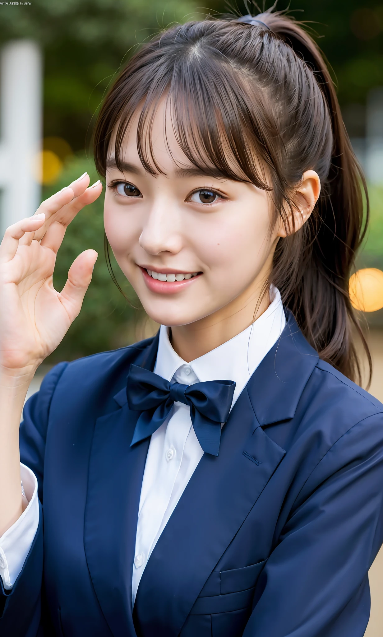 waving, slender legs, ponytail, unparalleled beauty, cute face, best smile, cute smile, frontal, slender, straight hair, school, ulzzang-6500-v1.1, (raw photo: 1.2), (photorealistic: 1.4), beautiful detailed girl, very detailed eyes and face, beautiful detailed eyes, huge file size, high resolution, very detailed, best quality, masterpiece, (( Japan Girls' High School Uniform)), very detailed, CG, 8k wallpaper, fantastic, fine detail, top quality, highly detailed CG uniform, light on face, movie lighting, girl,