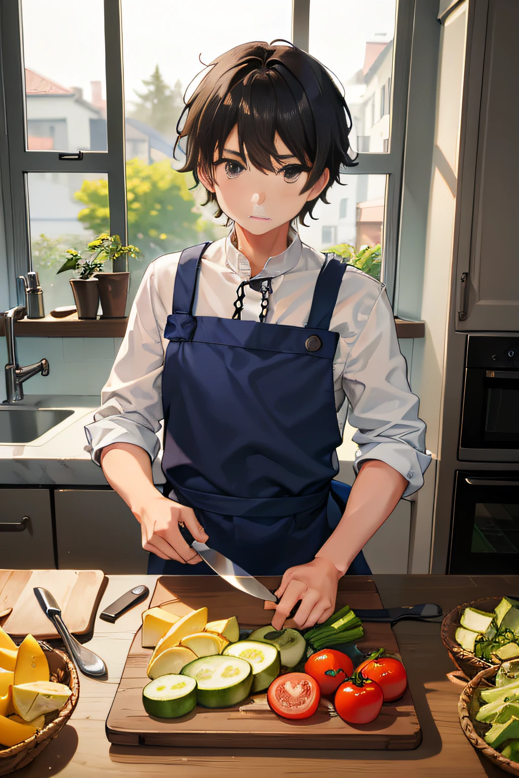 A young boy with,Kitchen knife in hand,Cut vegetables on the table,without background