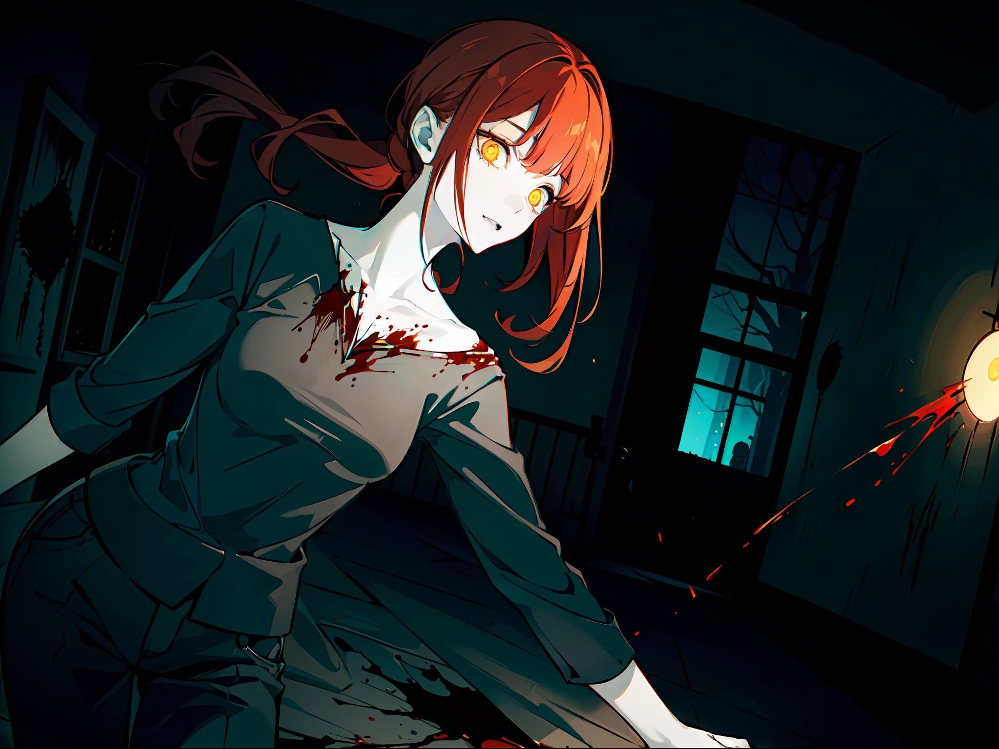 ((masterpiece)), ((pale skin)), (bokeh effect), (dynamic angle), red hair, (glowing_eyes:1.4), yellow_eyes, (horror:1.4), (blood:1.2), (dark:1.4), ((solo)), ponytail
