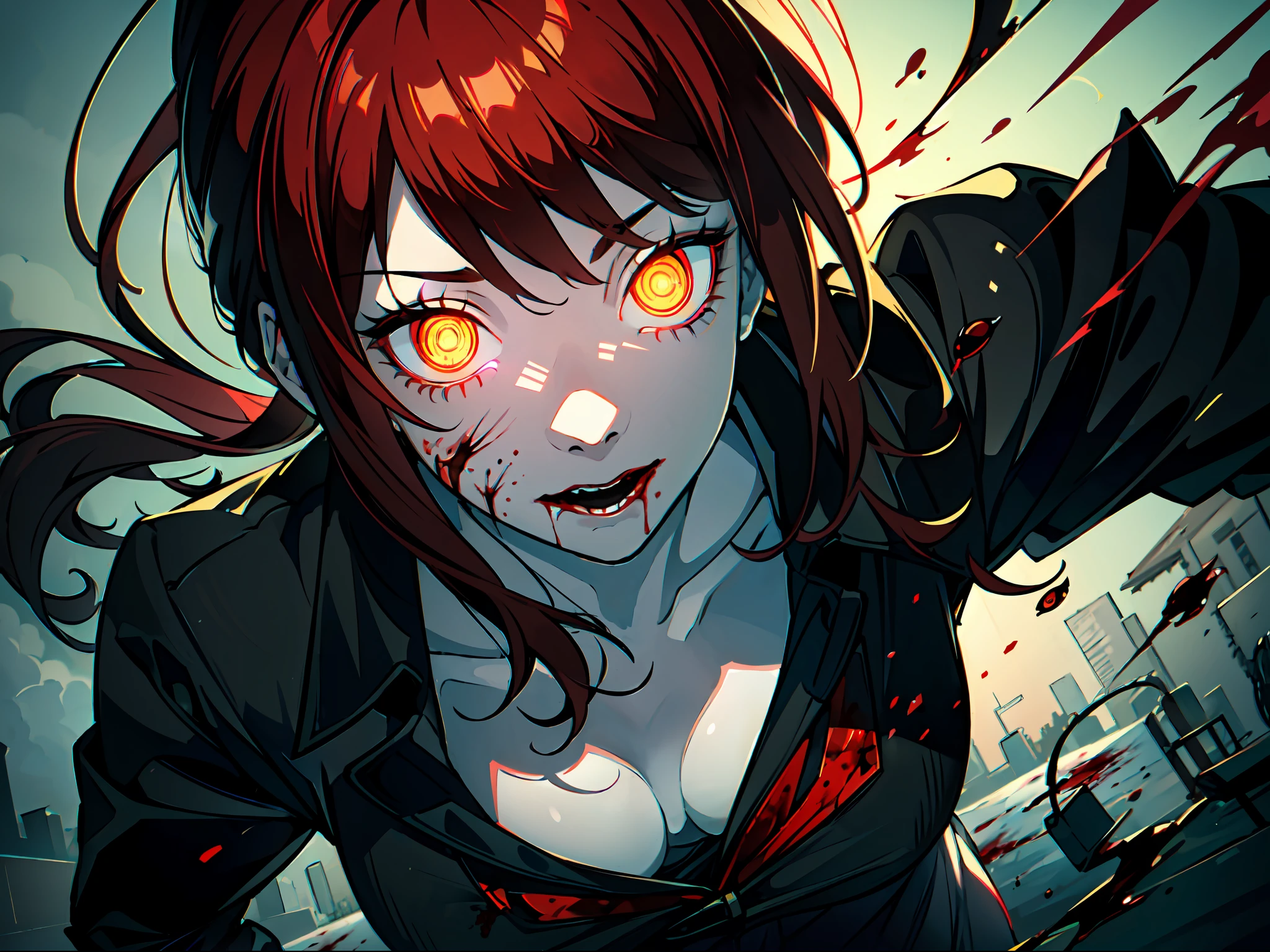 ((masterpiece)), ((pale skin)), (bokeh effect), (dynamic angle), red hair, (glowing_eyes:1.4), yellow_eyes, (horror:1.4), (blood:1.2), (dark:1.4), ((solo)), ponytail