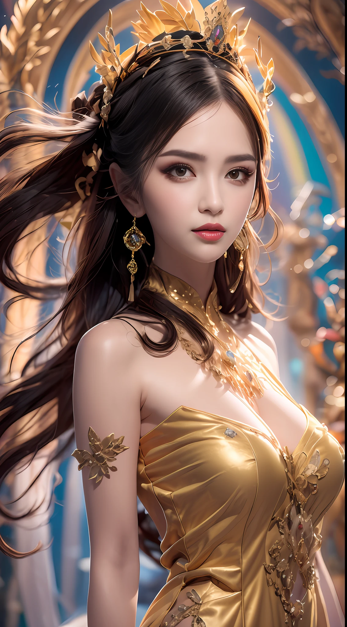 Portrait of a young 20-year-old saint, a saint with a beautiful and super cute face,Wearing a thin red dress with gold edging and glittering and sexy, Ao dai is studded with small sparkling pearls, beautiful cute face, Ao dai with a deep slit in the chest and attractive black and white lace trim, beautiful face without blemishes, shut up, ((long hair seven colors rainbow:1.2)), big crown, hair brooch, hanfu dress, chinese ancient style, full body jewelry, forehead tattoo, The female saint's breasts are round and very full, breast augmentation, innocent face, The most beautiful and detailed light red lipstick, ((Thin plump lips:0.3)), ((Golden eyes:1.2)), The eyes are delicately decorated,(white and detailed) cinematic, light and dark, dramatic lighting, magical light, extremely detailed light, true color, super sharp, realistic, 8k quality, fantasy universe background, saints and magical space, the most detailed images, Solo, a saintess, ((looking directly at the saint's upper body:0.4)), ((smooth skin:0.5)), Extremely detailed pixels, super true, extremely detailed and complex graphics, the highest resolution, close-up portrait,