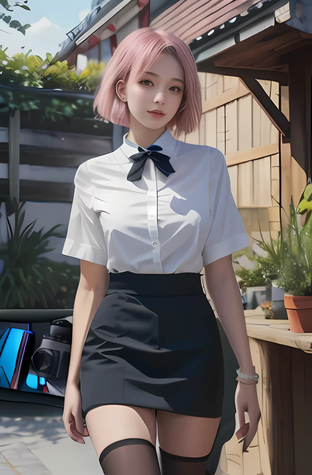 best qualtiy, tmasterpiece, 1girll, beauitful face, (photograph realistic:1.3), edge lit, (highdetailskin:1.2), 8K, Ultra HD, digital SLR camera, high high quality, A high resolution, 4K, 8K, Bokeh, absurderes, Optimal proportions of four fingers and one thumb, (realisticlying:1.3), Cute 1girl, In a white blouse shirt, mediuml breasts, short skirt,shift dresses,A pink-haired,pink short hair