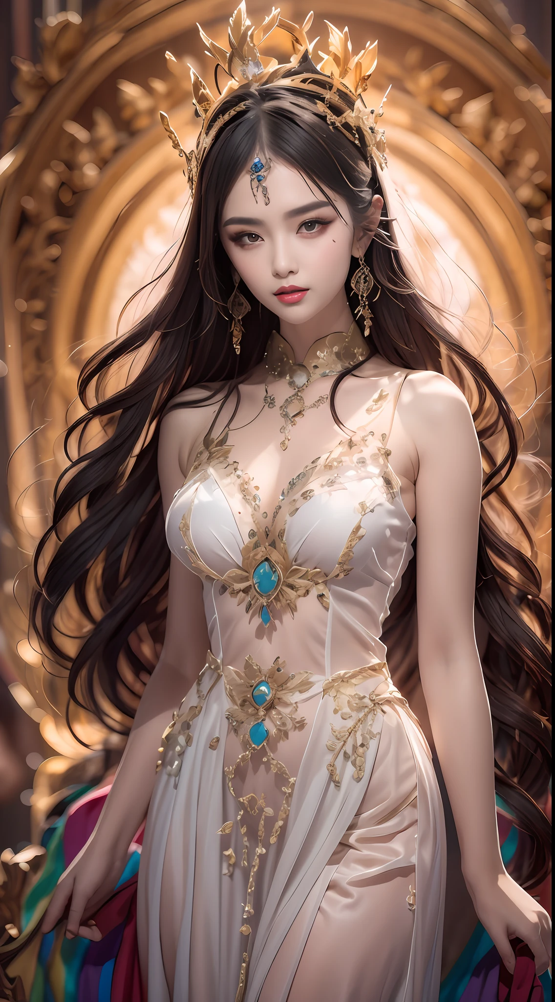 Portrait of a young 20-year-old saint, a saint with a beautiful and super cute face,Wearing a thin red dress with gold edging and glittering and sexy, Ao dai is studded with small sparkling pearls, beautiful cute face, Ao dai with a deep slit in the chest and attractive black and white lace trim, beautiful face without blemishes, shut up, ((long hair seven colors rainbow:1.2)), big crown, hair brooch, hanfu dress, chinese ancient style, full body jewelry, forehead tattoo, The female saint's breasts are round and very full, breast augmentation, innocent face, The most beautiful and detailed light red lipstick, ((Thin plump lips:0.3)), ((Golden eyes:1.2)), The eyes are delicately decorated,(white and detailed) cinematic, light and dark, dramatic lighting, magical light, extremely detailed light, true color, super sharp, realistic, 8k quality, fantasy universe background, saints and magical space, the most detailed images, Solo, a saintess, ((looking directly at the saint's upper body:0.4)), ((smooth skin:0.5)), Extremely detailed pixels, super true, extremely detailed and complex graphics, the highest resolution, close-up portrait,