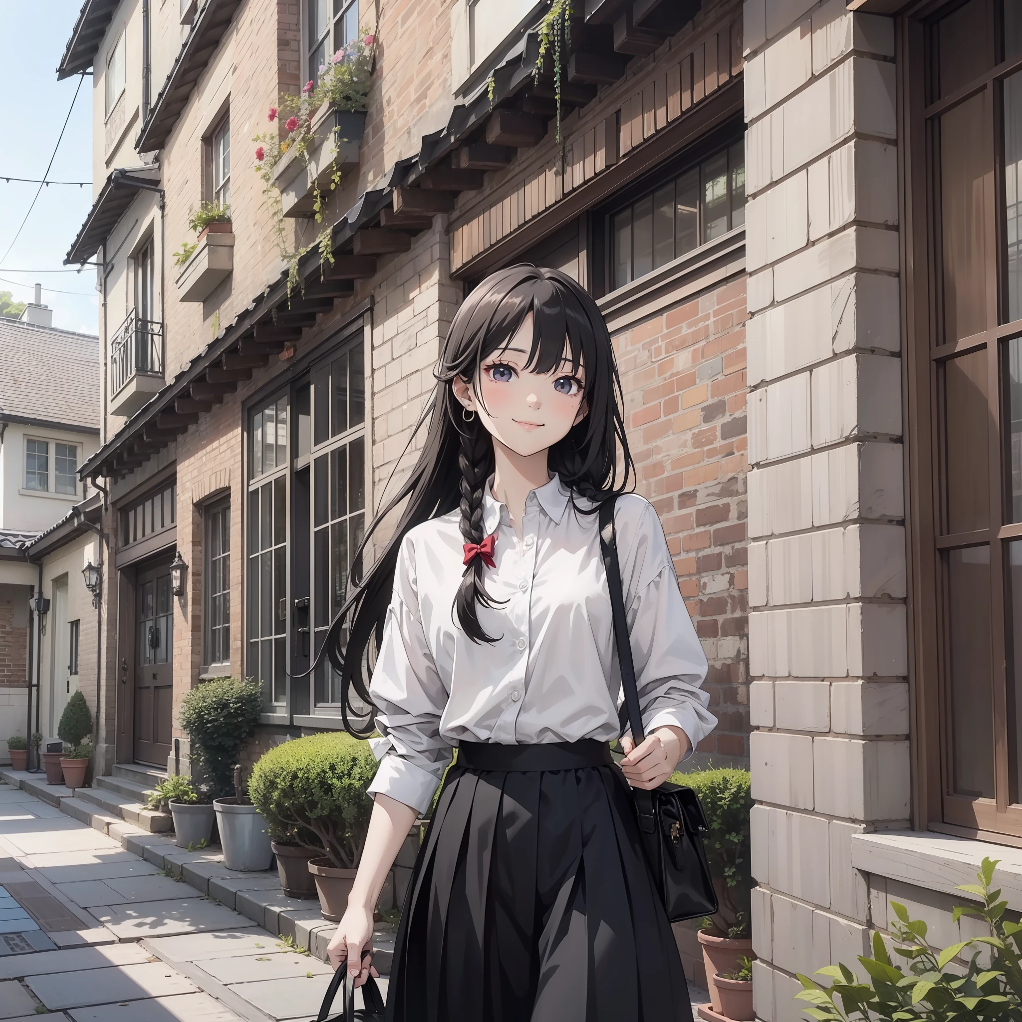 A man with long black braided hair,A woman in a white shirt stands in the courtyard of the house, carrying a bag in her hand(smile1.5)(Upper body display 1.5)(Girl 1.8)style of anime4 K,Anime rendering,style of anime。8k,(Cinematic lighting 1.5)(Master masterpieces:1.4)(Ultra-high detail1.5)(Best quality1.5)