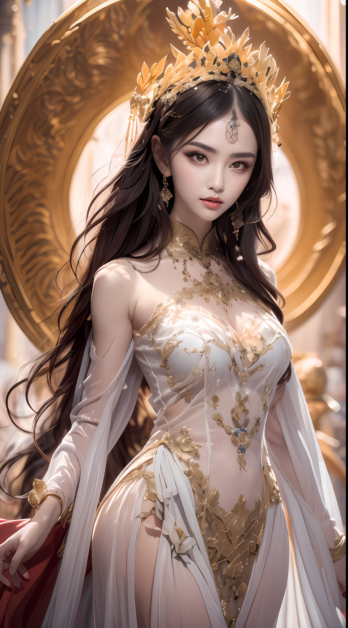 Portrait of a young 20-year-old saint, a saint with a beautiful and super cute face,Wearing a thin red dress with gold edging and glittering and sexy, Ao dai is studded with small sparkling pearls, beautiful cute face, Ao dai with a deep slit in the chest and attractive black and white lace trim, beautiful face without blemishes, shut up, ((long hair seven colors rainbow:1.2)), big crown, hair brooch, hanfu dress, chinese ancient style, full body jewelry, forehead tattoo, The female saint's breasts are round and very full, breast augmentation, innocent face, The most beautiful and detailed light red lipstick, ((Thin plump lips:0.3)), ((Golden eyes:1.2)), The eyes are delicately decorated,(white and detailed) cinematic, light and dark, dramatic lighting, magical light, extremely detailed light, true color, super sharp, realistic, 8k quality, fantasy universe background, saints and magical space, the most detailed images, Solo, a saintess, ((looking directly at the saint's upper body:0.4)), ((smooth skin:0.5)), Extremely detailed pixels, super true, extremely detailed and complex graphics, the highest resolution, close-up portrait,