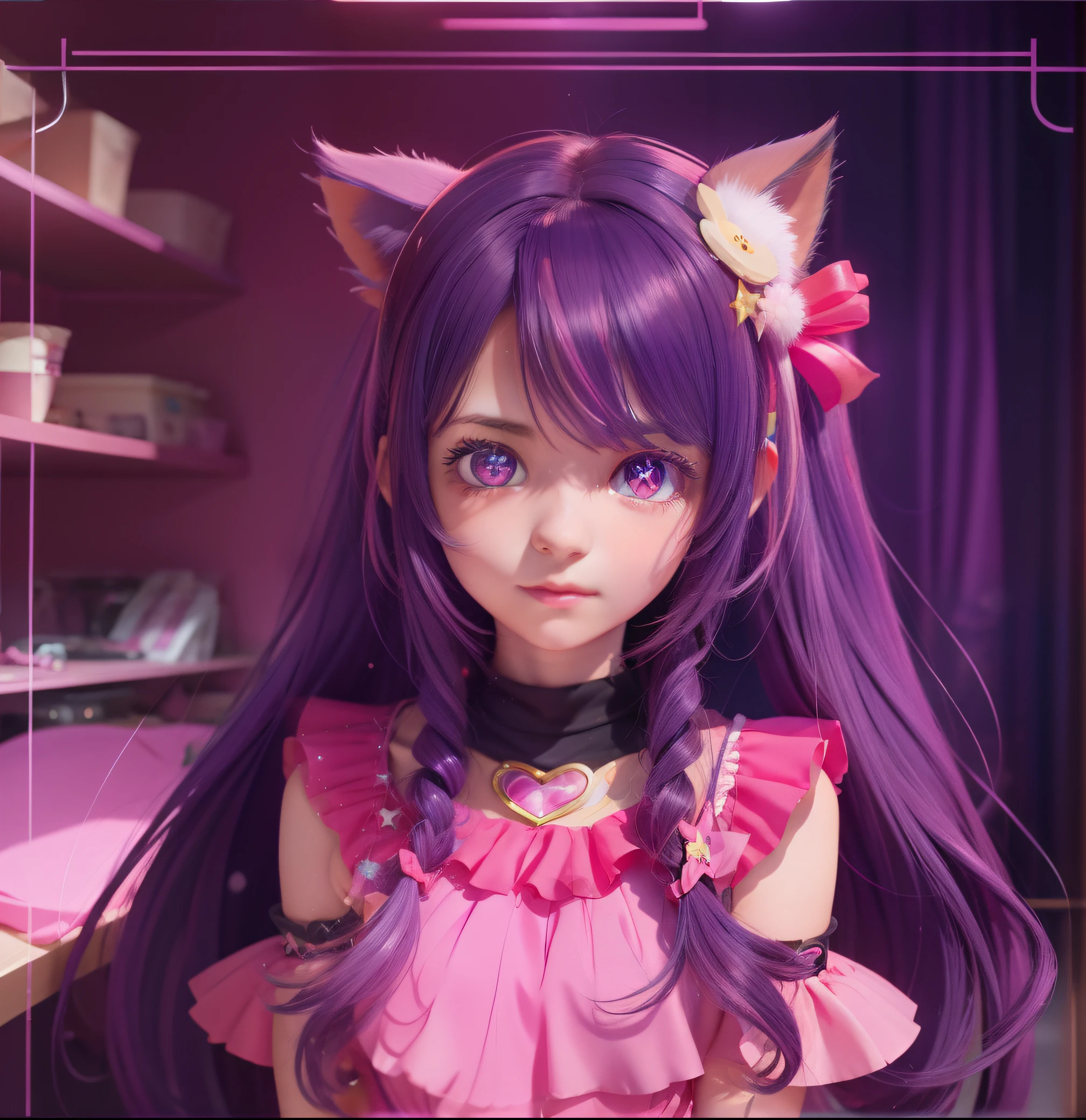 Masterpiece, Best quality, Ultra-detailed,Solo, Star Love,Pink gloves, hair adornments, Purple eyes, Light purple hair,Anime girl in pink dress,Has cat ears and tail, anime visual of a cute girl, 8K, high detailed official artwork,
