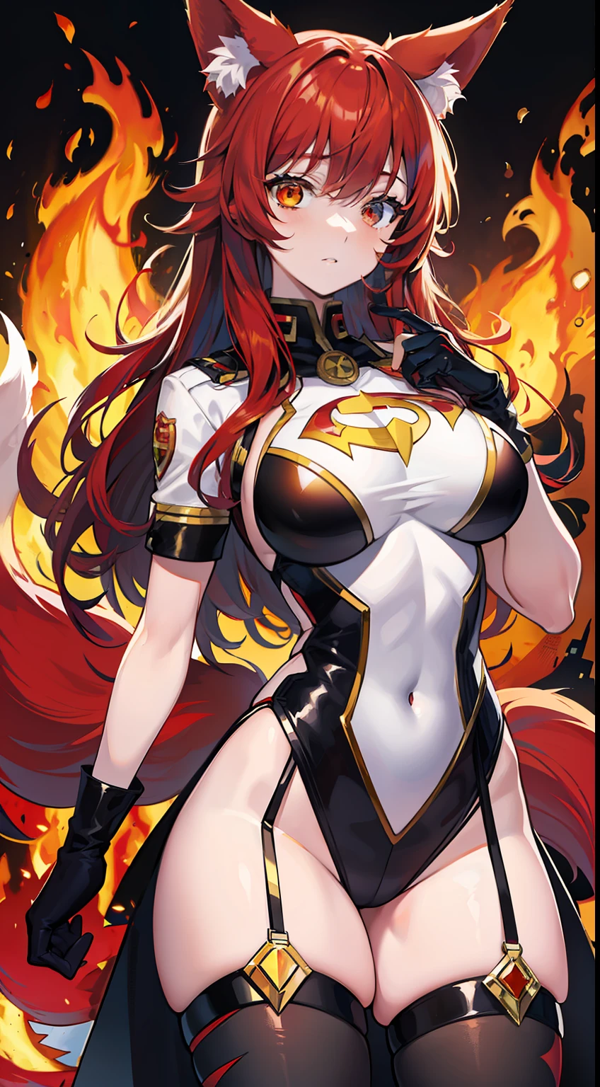 Adult woman, long red curly hair, Heterochromia, red and yellow eyes, fox ears and tails, Superhero Uniform Red, open thighs, fire, Masterpiece, hiquality