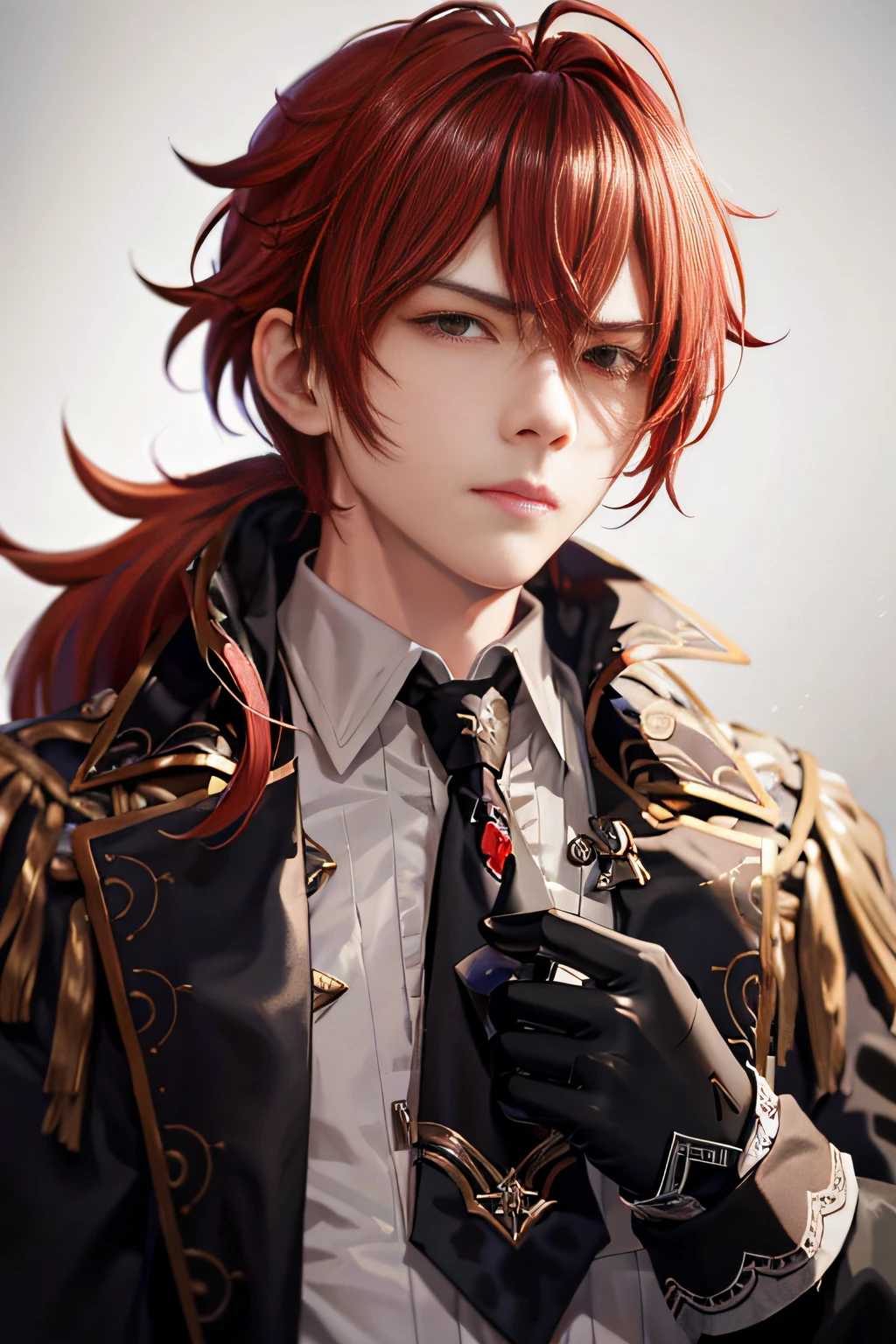 masterpiece, best quality,diluc (genshin impact), 1boy, red hair, male focus, long hair, gloves, solo, red eyes, bangs, long sleeves, looking at viewer, jacket, hair between eyes, ponytail, black gloves, black jacket,  (grey background:1.4),(kbxll:0.6)