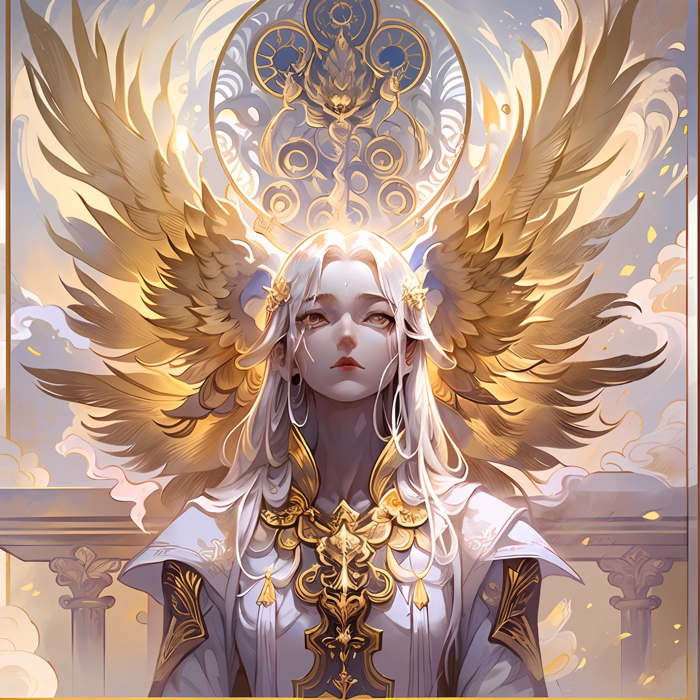 (tmasterpiece,top Quority,best qualtiy,offcial art,Beauty and aesthetics:1.2),(1girll:1.5), Gold-patterned robe, White pants, standing , look at front, The aura of the halo, Gold Wing, had his hands folded, White hair, Yellow eyes, Closed mouth, The upper part of the body), (Clear sky, Smoke, Pillar of light, Abandoned temple background),Extremely detailed,(s fractal art:1.3),Extremely colorful,Most detailed