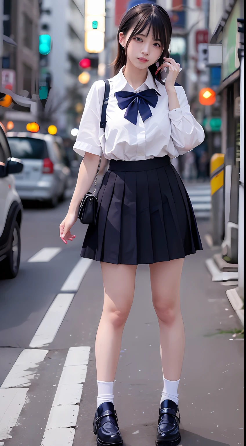 (8k, RAW photo, best quality, mastery:1.3),(realistic,photo-realistic:1.37),(night),(looking viewer:1.331),(white hair),posing,Tokyo street,nightcityscape,cyberpunk city,soft light, 1girl, extremely beautiful face, bust, hands down, casual hairstyle, smile, big eyes, lower abdomen, (white short sleeves, JK_shirt), JK_style, (navy JK_skirt), (bow JK_tie), mix4, big breasts, full body photo, black small leather shoes