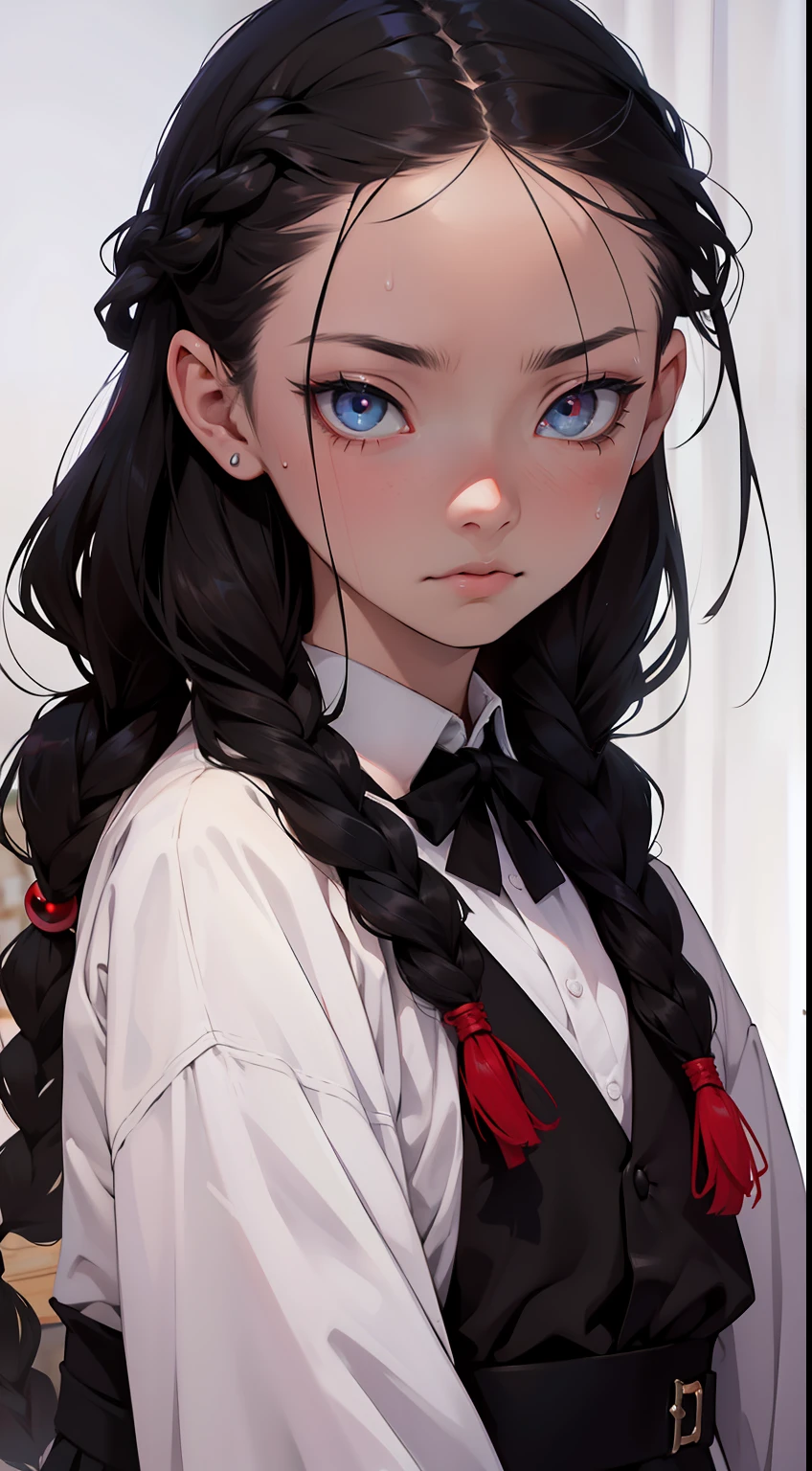(smooth lighting), ((Beautiful eyes))30mm lens,wide shot layout,wednesday addams BREAK 12years old,black hair,pale skin,red eyes,jitome,hollow eyes, half-closed eyes,detailed eyes,beautiful eyes,hair ornaments at hexagram,(braid),ashamed,troubled expression,best quality,ultra-detailed,(masterpiece),sweat,looking away,