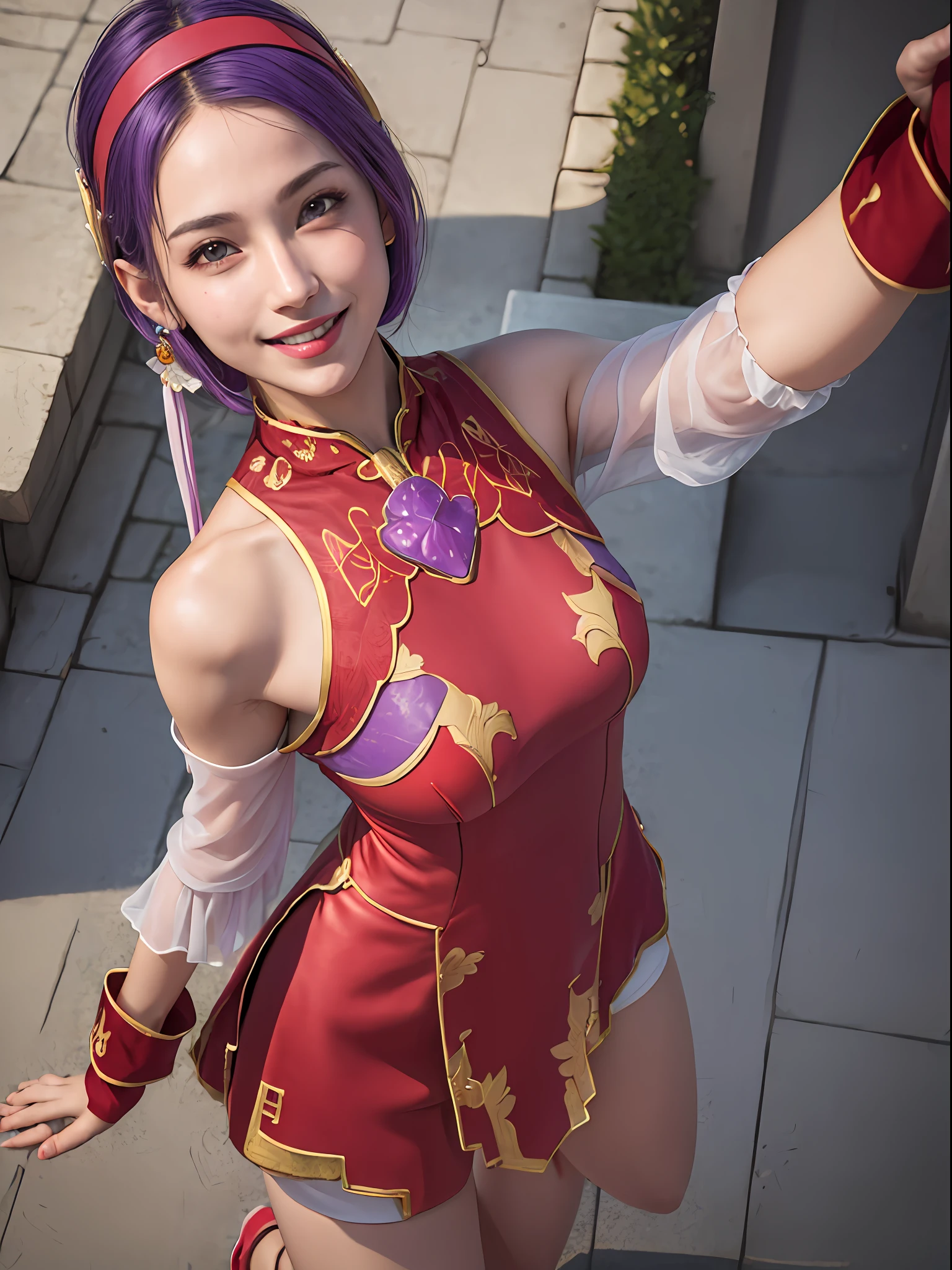 (masterpiece, best quality:1.4), (full body), (from above), 1girl, solo, purple hair, stunning girlfriend, (walk on all four:1.1), 1girl, solo, athenams, hairband, chinese clothes, red dress, gloves, hair ornament , bare shoulders, wide open legs, spread legs, underwear, heart shaped face, elegant face, beautiful face, highly detailed face, detailed eyes, highly detailed skin, skin pores, subsurface scattering, realistic pupils, medium breast, desire smile, erotic smile, detailed background, depth of field, volumetric lighting, sharp focus, absurdres, realistic proportions, good anatomy, (realistic, hyperrealistic:1.4), 16k hdr,