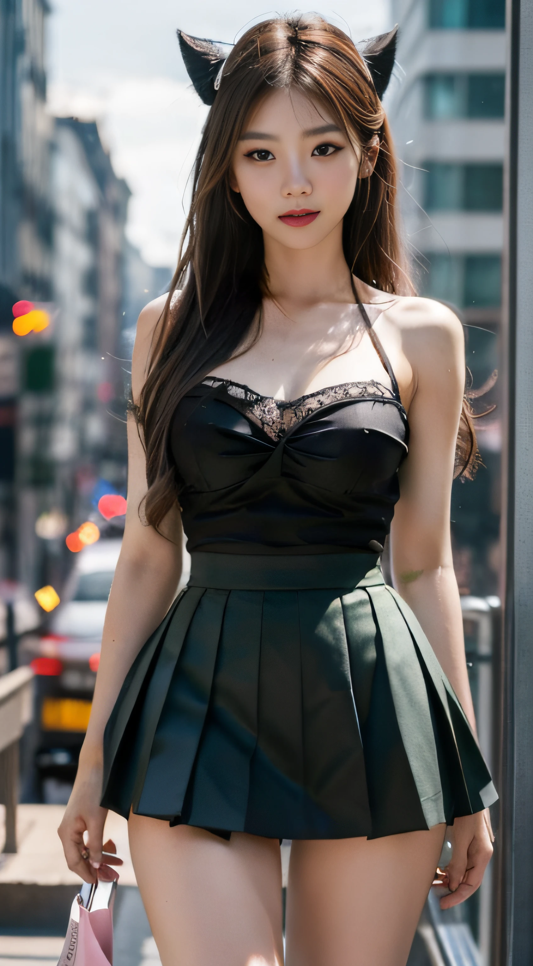 (bare breasts:0.2)best quality, ultra high res, (photorealistic:1.4), (green long hair:1.3), (azur lane\), 1girl, (Kpop idol), nsfw, slender body, looking at viewer, cute, detailed face, contrapposto, smooth skin, perfect anatomy, white camisole, pure black pleated skirt, cityscape, night, rain, wet, professional lighting, shopping mall rooftop cafe, outdoor, no teeth