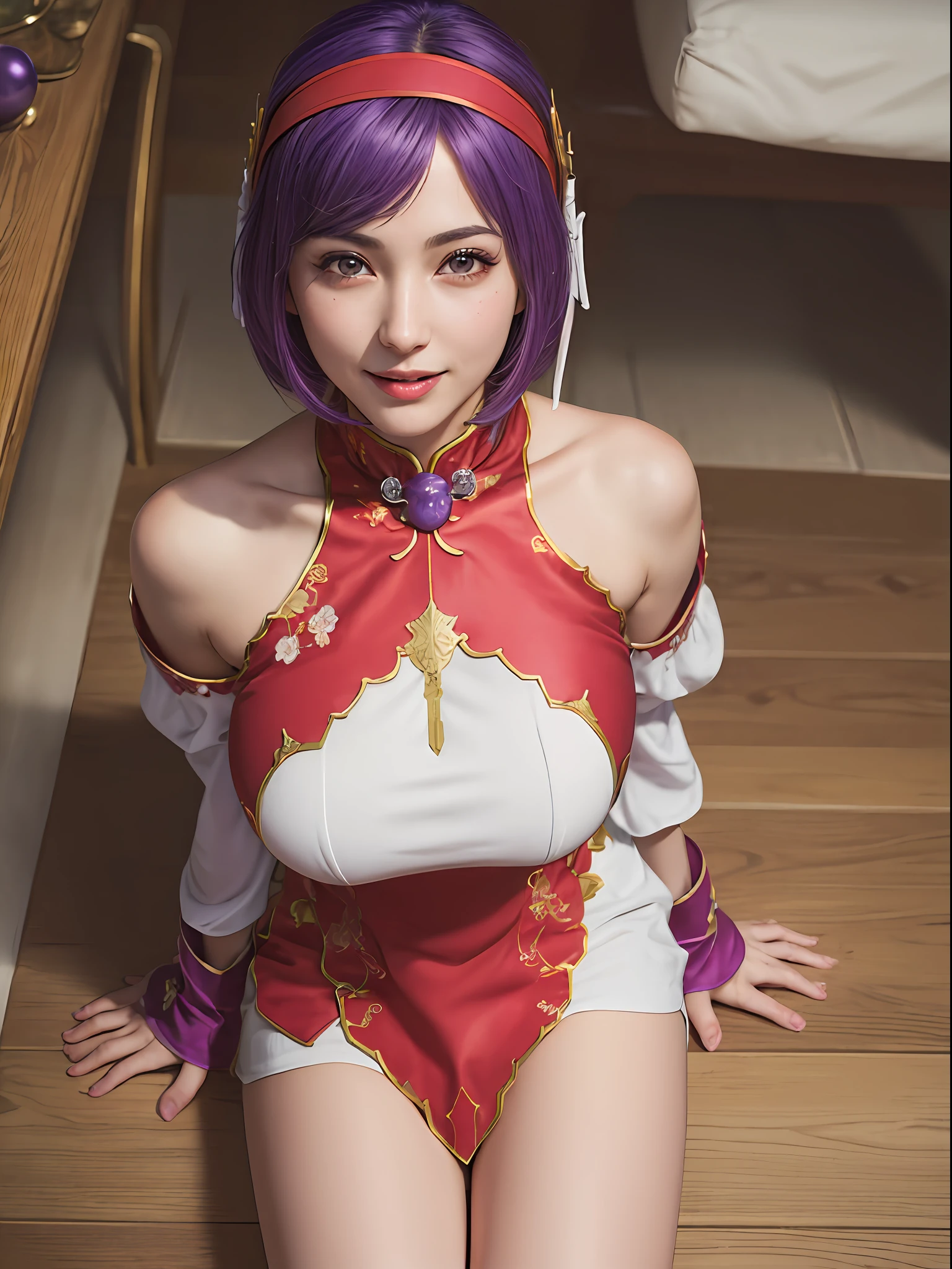 (masterpiece, best quality:1.4), (full body), (from above), 1girl, solo, purple hair, stunning girlfriend, (sitting on the floor:1.1), open mouth, waiting cum, 1girl, solo, athenams, hairband, chinese clothes, red dress, gloves, hair ornament , bare shoulders, wide open legs, spread legs, underwear, heart shaped face, elegant face, beautiful face, highly detailed face, detailed eyes, highly detailed skin, skin pores, subsurface scattering, realistic pupils, medium breast, desire smile, erotic smile, detailed background, depth of field, volumetric lighting, sharp focus, absurdres, realistic proportions, good anatomy, (realistic, hyperrealistic:1.4), 16k hdr,