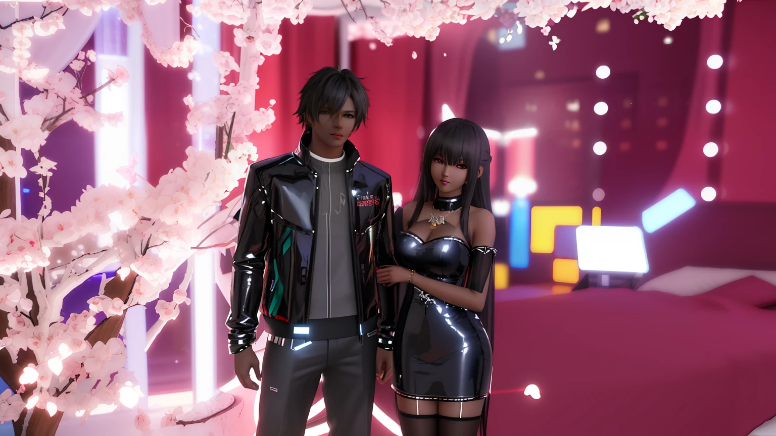 In the room, Two people, standing next to each other, ( ( dark skin ) ), IMVU, cyberpunk setting, Screenshot of the mod gameplay, Avatar of the second life, couple pose, inspired by Sim Sajon, anime girl, Beautiful elegant, looks at you, illustration in the style of Guweiz, мягкий 3D-рендер, anime stylization 3D, loli, Photorealistic render of anime girl, render cute 3D anime girl, 2B, 2 B, [ 4 k фотореализм ]!!