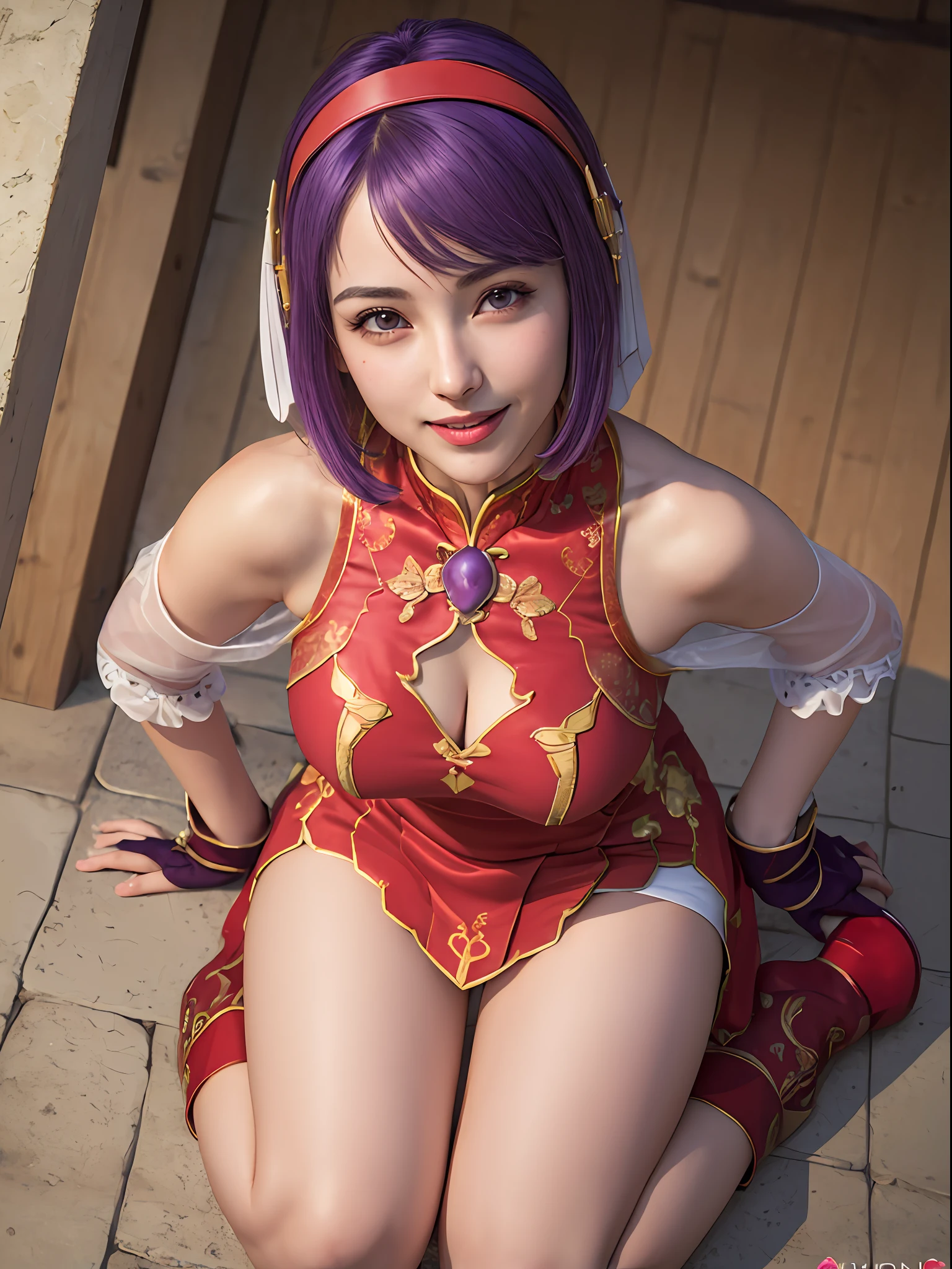 (masterpiece, best quality:1.4), (full body), (from above), 1girl, solo, purple hair, stunning girlfriend, (sitting on the floor:1.1), open mouth, waiting cum, 1girl, solo, athenams, hairband, chinese clothes, red dress, gloves, hair ornament , bare shoulders, wide open legs, spread legs, underwear, heart shaped face, elegant face, beautiful face, highly detailed face, detailed eyes, highly detailed skin, skin pores, subsurface scattering, realistic pupils, medium breast, desire smile, erotic smile, detailed background, depth of field, volumetric lighting, sharp focus, absurdres, realistic proportions, good anatomy, (realistic, hyperrealistic:1.4), 16k hdr,