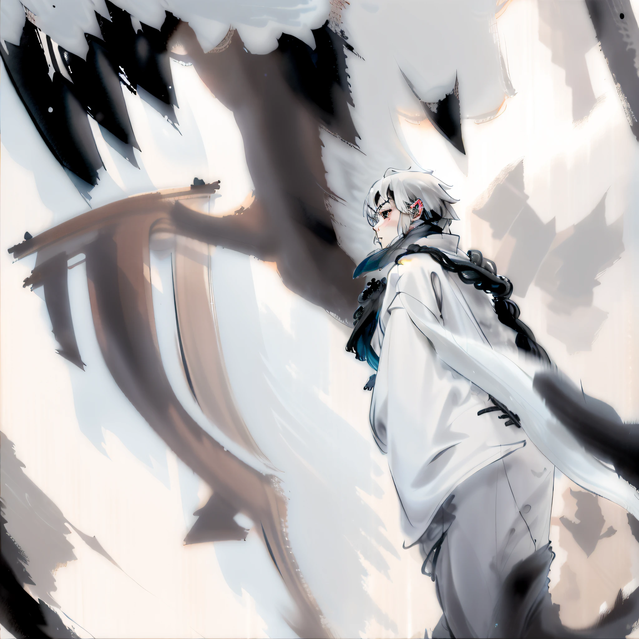 ancient wind,male people,Background wind and snow,Side Body,Look down,water ink