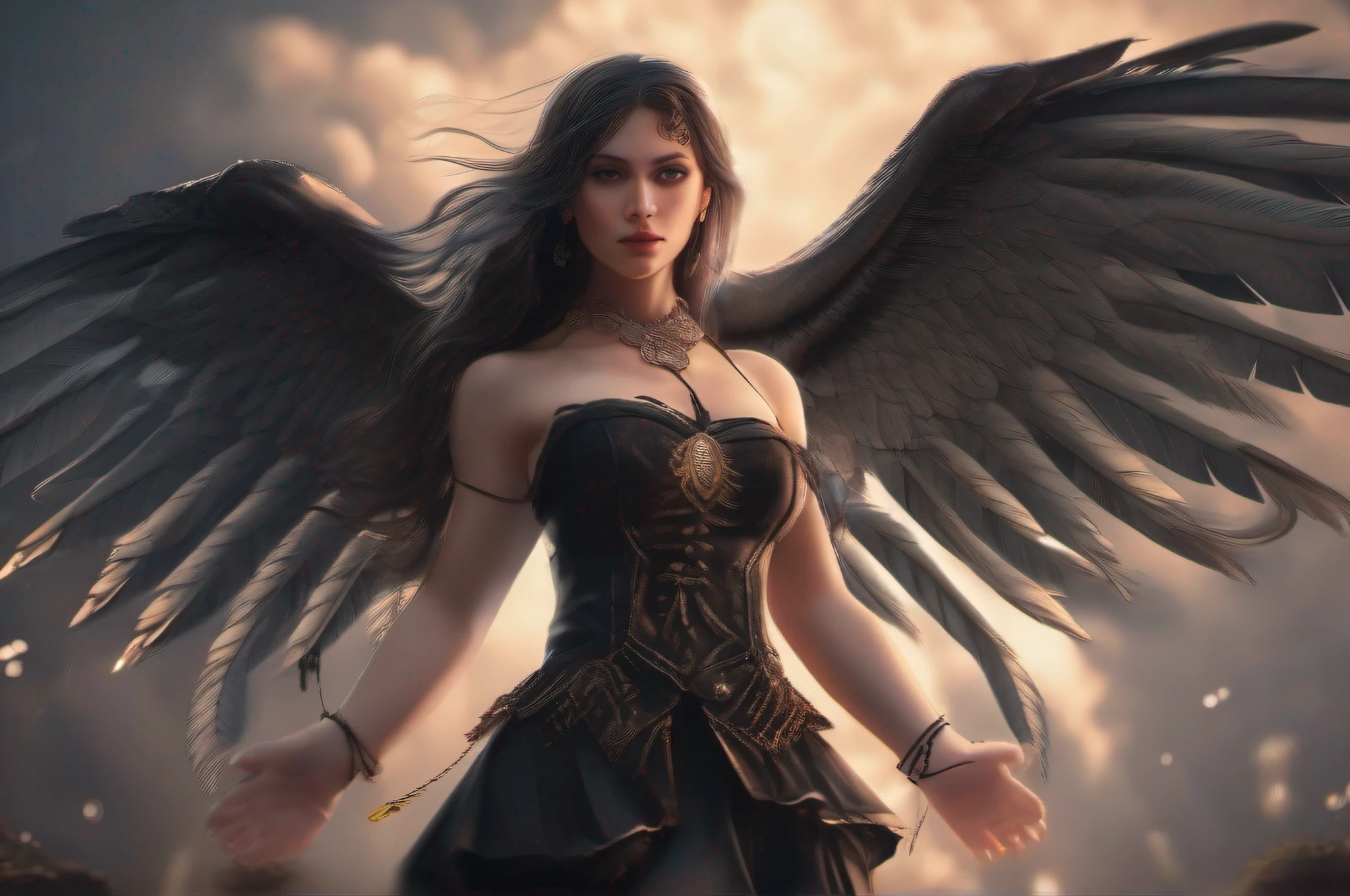 (a woman with wings on her body and a black dress), (hand well), (finger well), (long braided hair), (bangs), funky pose, with in frame, ultra-detailed, 8k, masterpiece, (volumetric lighting), beautiful detailed eyes, (ambient light), realistic shadows, (fullbody:1), (1girl), (cowboy shot), looking at viewer, perfect body, body well:1, leg well:1, arm well:1