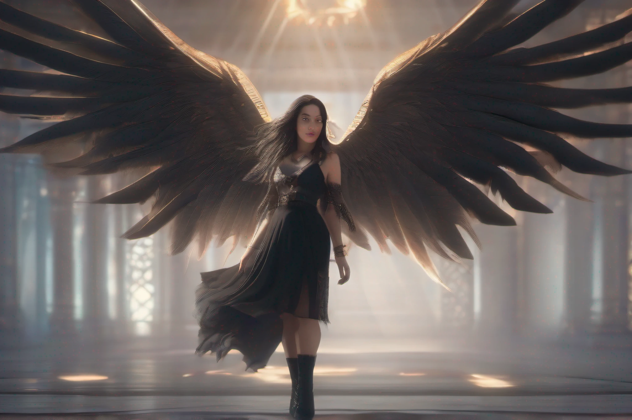 (a woman with wings on her body and a black dress), (hand well), (finger well), (long braided hair), (bangs), funky pose, with in frame, ultra-detailed, 8k, masterpiece, (volumetric lighting), beautiful detailed eyes, (ambient light), realistic shadows, (fullbody:1), (1girl), (cowboy shot), looking at viewer, perfect body, body well:1, leg well:1, arm well:1