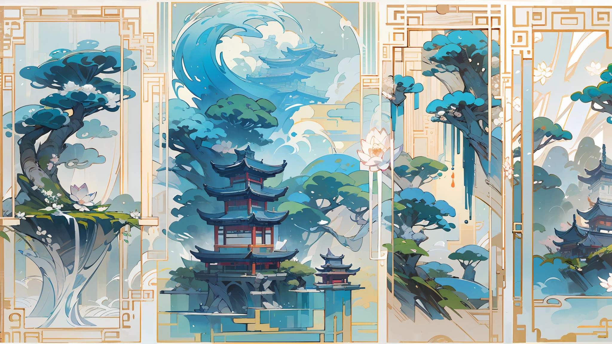 (acrycle painting:1.4),Antique game scene design,big trees,florals,Lotus architecture,Floating table,A blue sky,White cloud,Chinese ink painting OC rendering sculpture