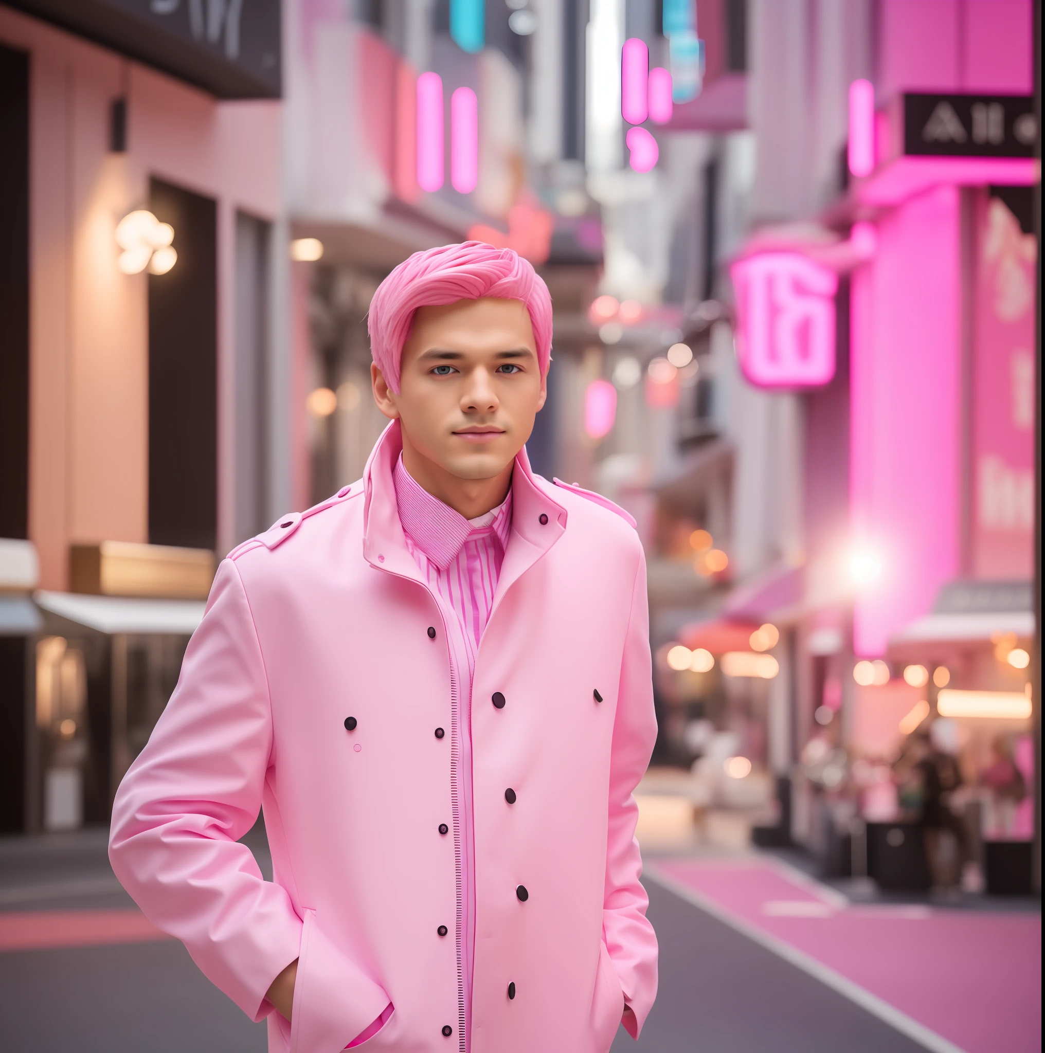 young handsome guy, pink hair, Pink and White Outfit, Barbie Outfit, commercial photography, cannon 85 mm lens, cinematic lighting, outdoor scene,
