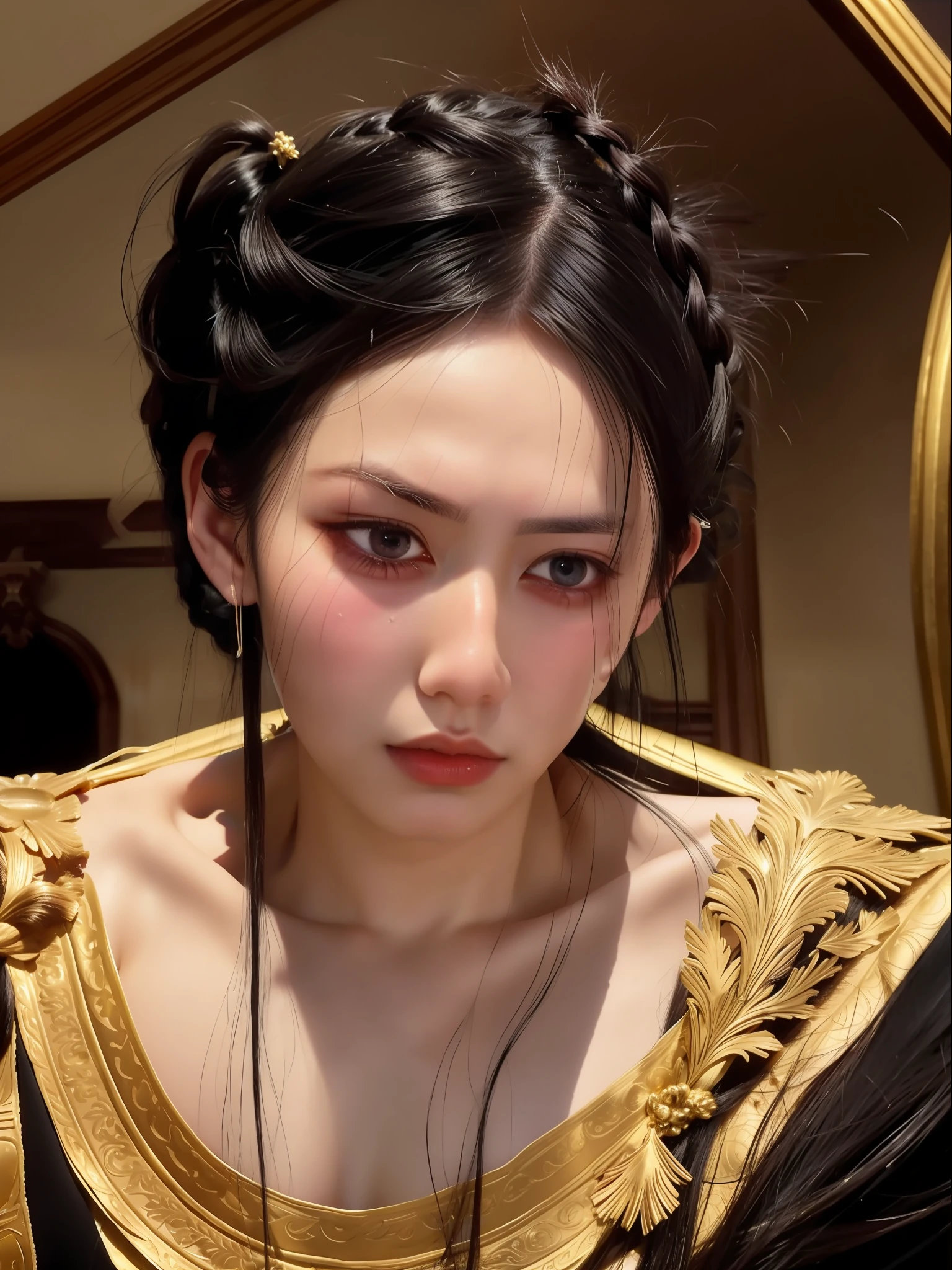 Black hair, Single braid, Hairline, Expressive hair, Moles under eyes, crying with eyes open, tareme, in a panoramic view, classicism, Mannerism, neo-classical, Renaissance, hyper HD, Masterpiece, Textured skin, Award-Awarded