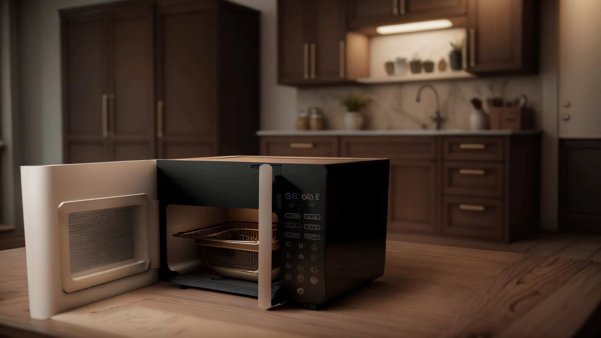 Air fryer placed on the table,Interior design of modern style, Realistic, Photorealistic, 8K, strong light on meeting table,Chiaroscuro, hyper HD, Best picture quality ,realisticlying,Foto realism,cupboard,Lens perspective blur,Bright lights,Realistic lighting,dark kitchen