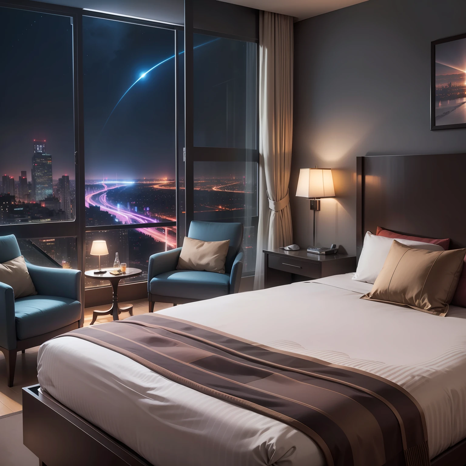 Room with night view　hotel　suite room　near future　cyberpunked　top-quality　​masterpiece　超A high resolution