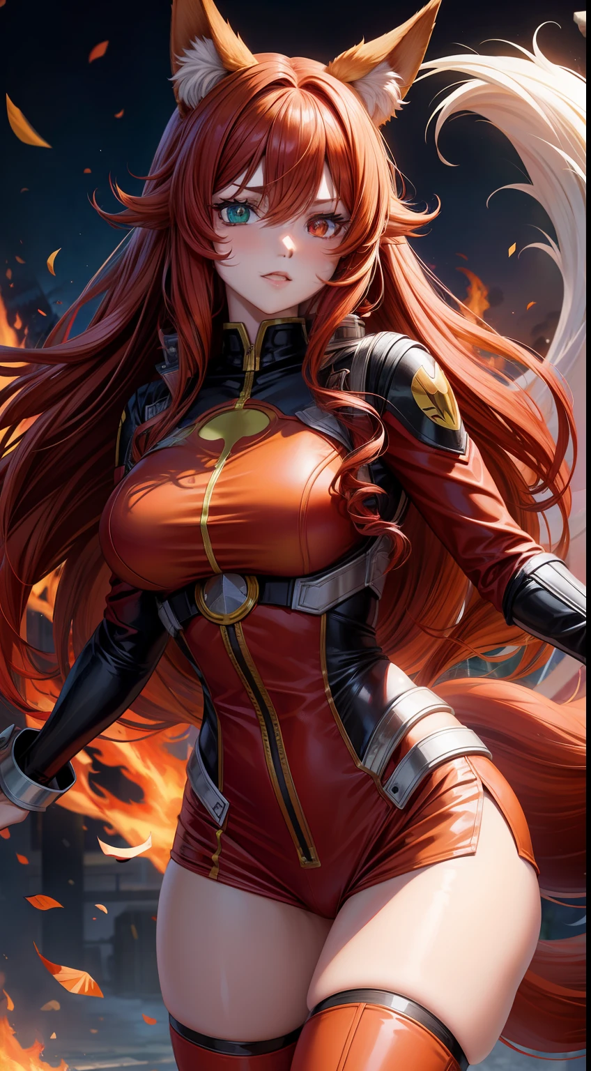 Adult woman, long red curly hair, Heterochromia, red and yellow eyes, fox ears and tails, Superhero Uniform Red, open thighs, fire, Masterpiece, hiquality