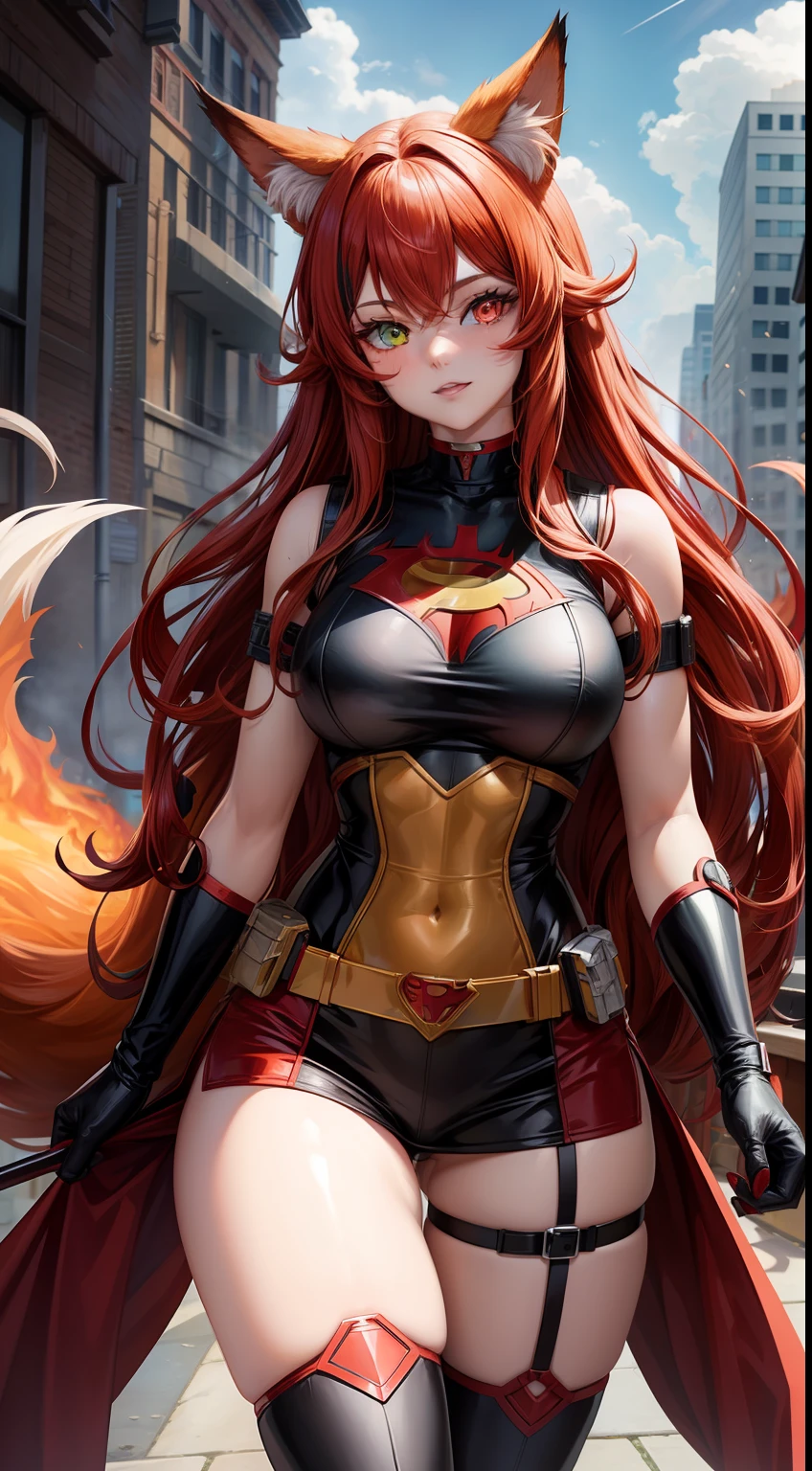 Adult woman, long red curly hair, Heterochromia, red and yellow eyes, fox ears and tails, Superhero Uniform Red, open thighs, fire, Masterpiece, hiquality